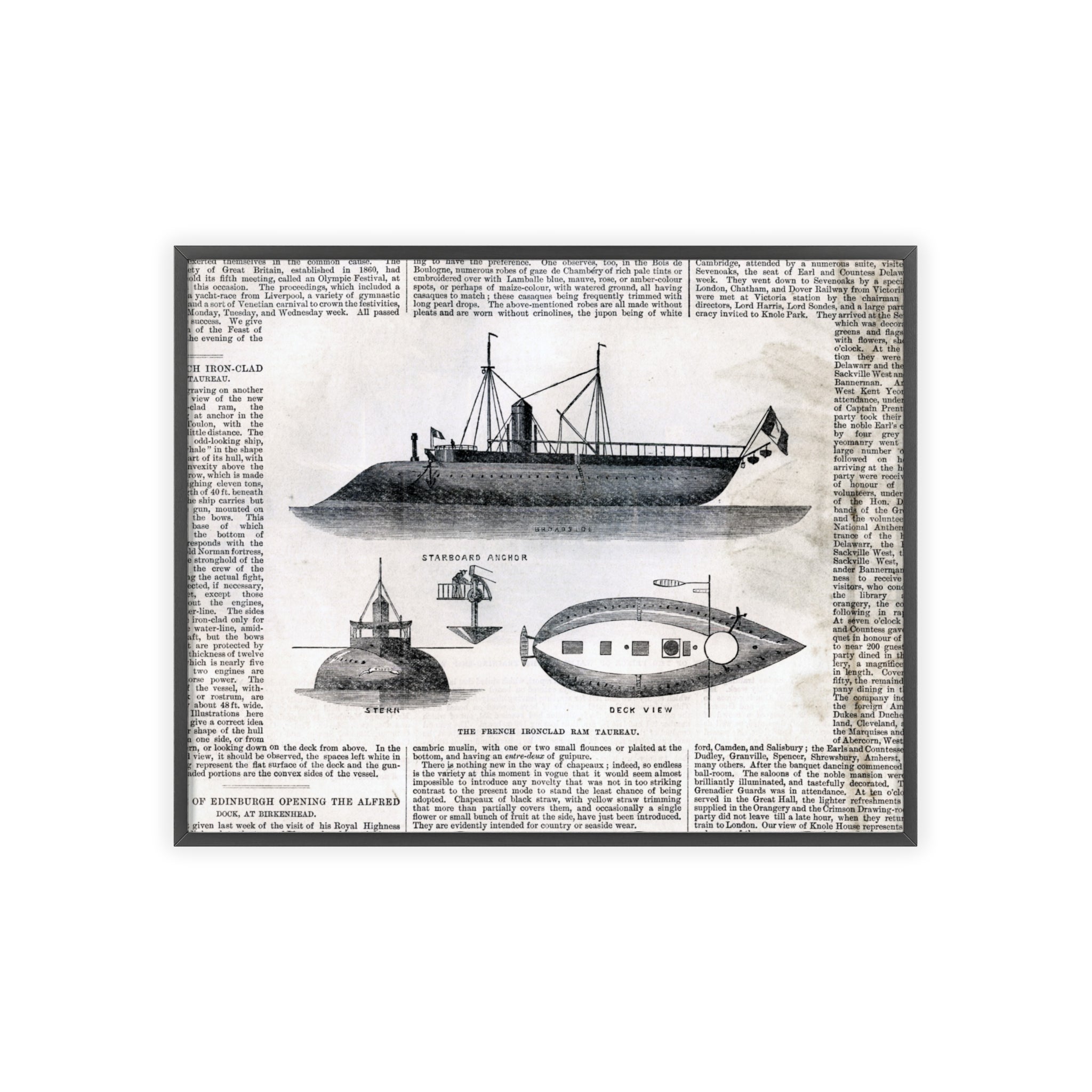 The French Ironclad RAM TAUREAU. Vintage Steamboat Patent Poster — Framed Nautical Wall Art
