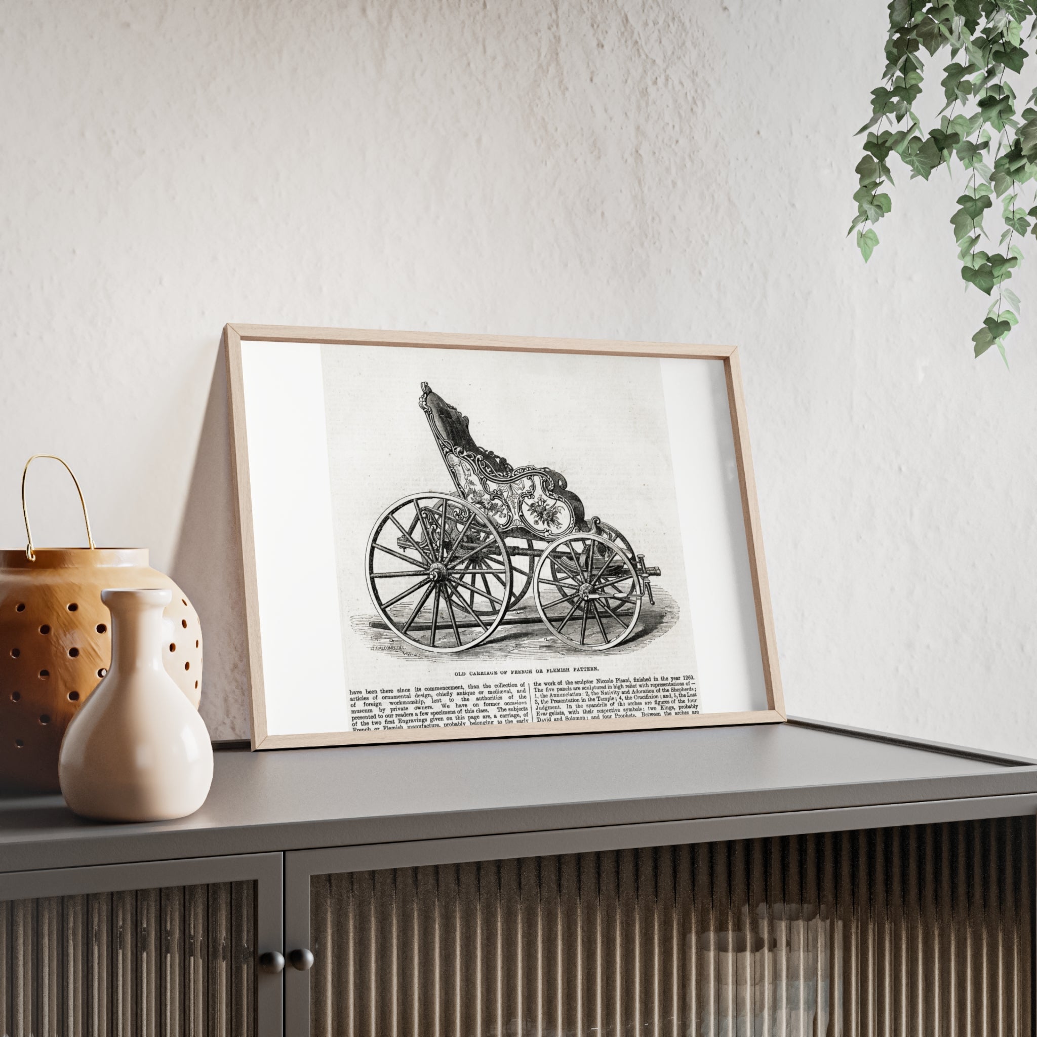Old Carriage of French or Flemish Pattern. Vintage Carriage Print Poster with Wooden Frame — Antique Transportation Wall Art