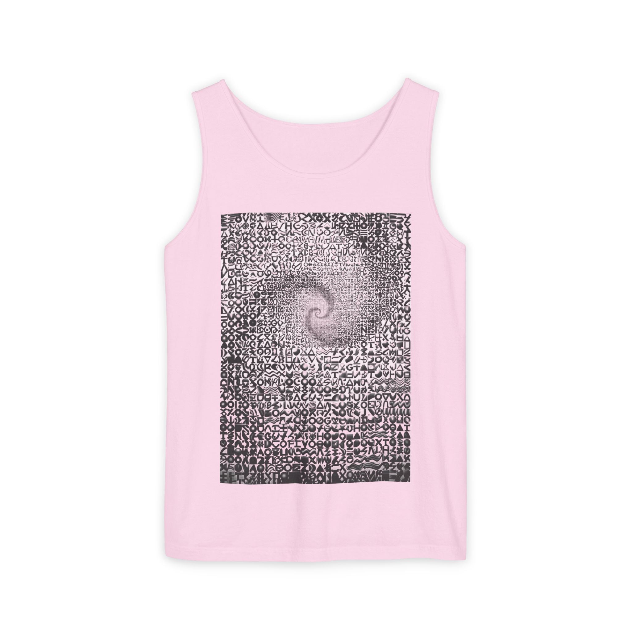 Spiral Text Art Tank Top — Monochrome Optical Typography Tee