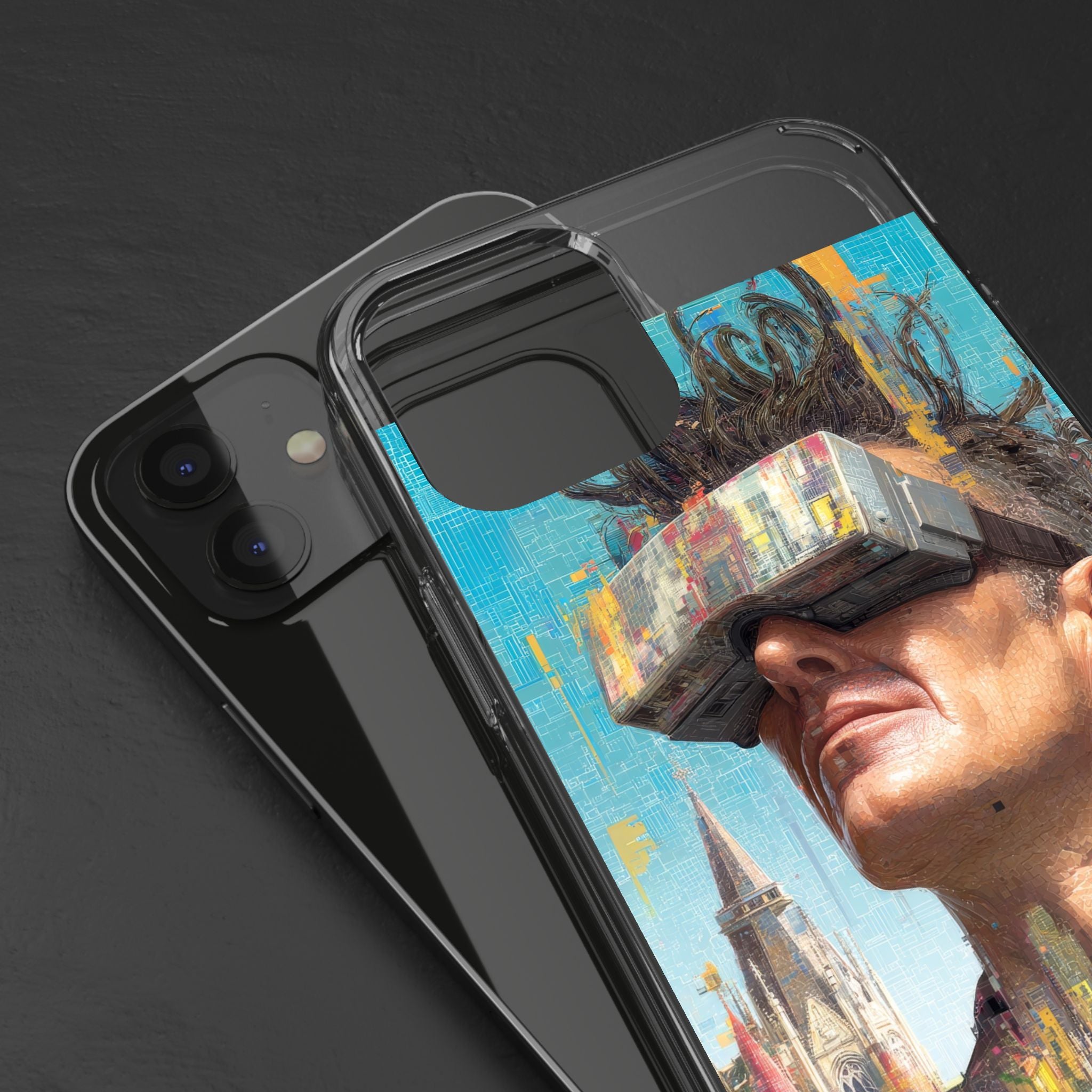 Clear Phone Case — Retro VR Cityscape Illustration