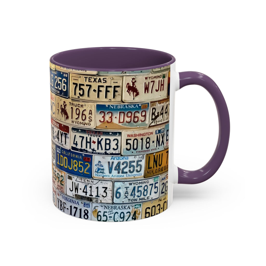 License Plate Collage Coffee Mug — Route 66, Vintage Road Trip Accent Mug