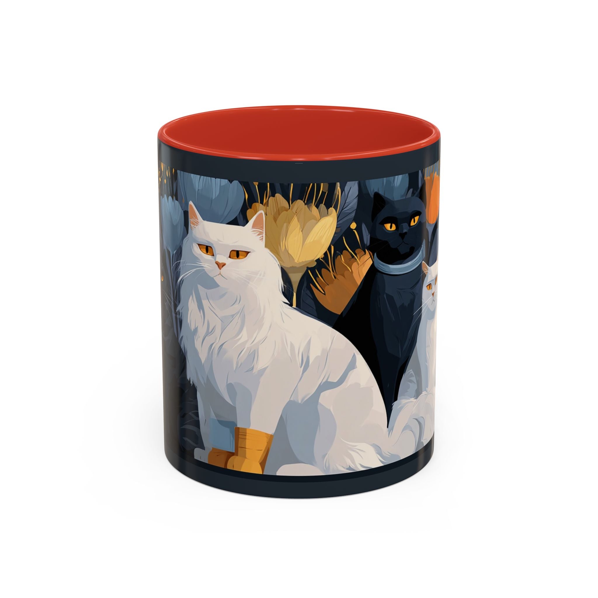 Cat Pattern Accent Coffee Mug — Illustrated Cats Floral Night Design (11/15oz)
