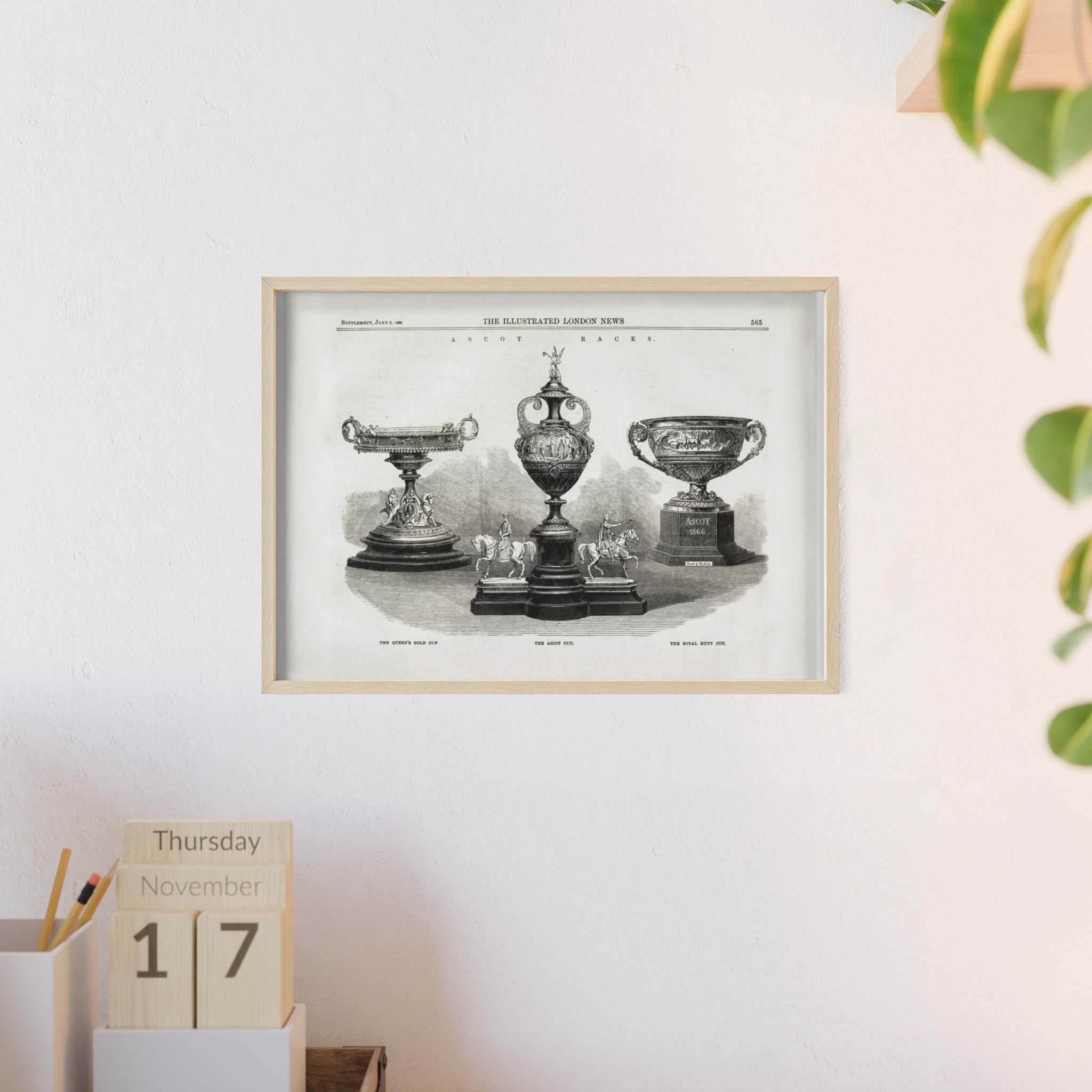 The ASCOT Races. Vintage Trophy Engraving Poster with Wooden Frame