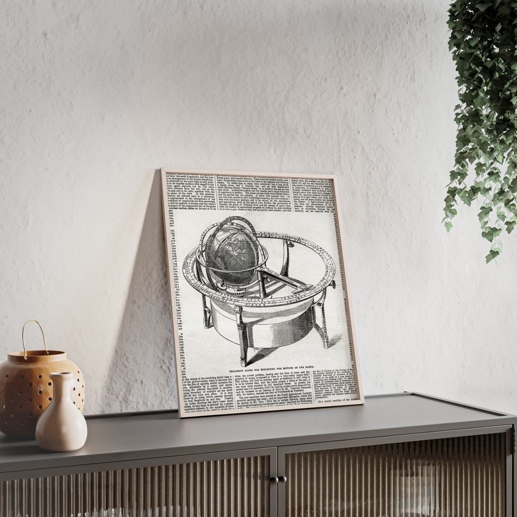 TELLURION GLOBE for Exhibiting the Motions of the Earth. Vintage Celestial Globe Poster with Wooden Frame — Antique Astronomy Wall Art