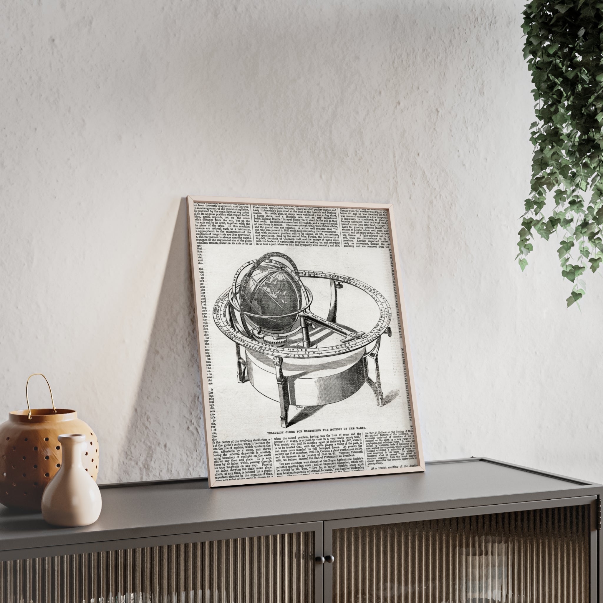 TELLURION GLOBE for Exhibiting the Motions of the Earth. Vintage Celestial Globe Poster with Wooden Frame — Antique Astronomy Wall Art
