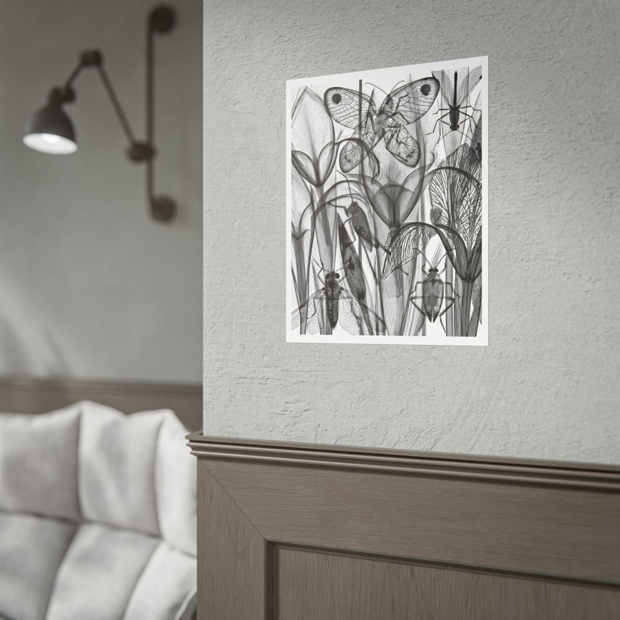 Monochrome Botanical Insects Rolled Poster — X-Ray Style Nature Art Print