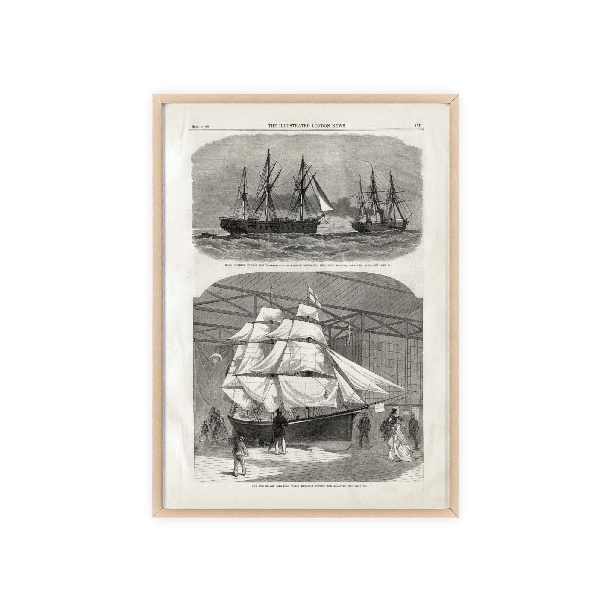 Vintage Nautical Ship Poster with Wooden Frame – Antique Sailing Print Wall Art