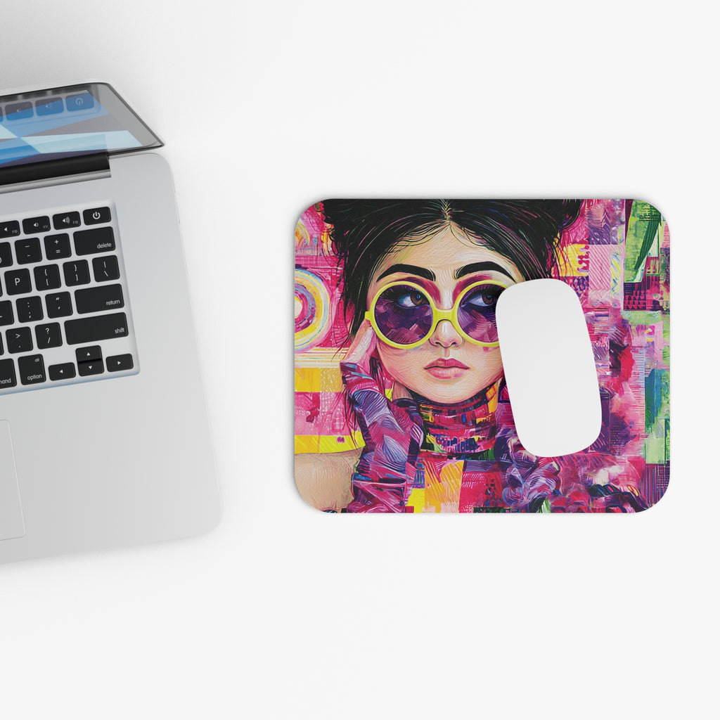 Retro Pop Art Mouse Pad — Colorful Girl with Sunglasses Rectangle Desk Mat