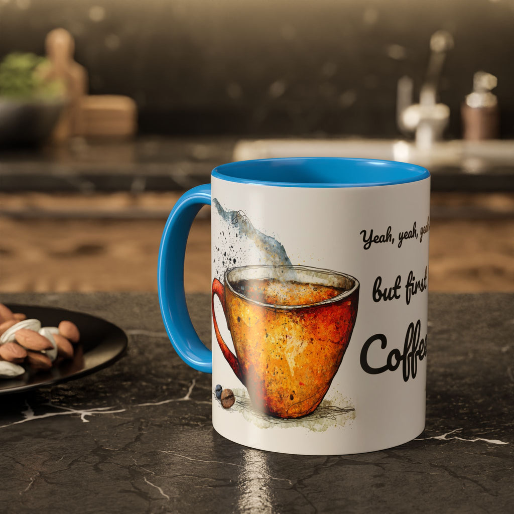 But First Coffee Ceramic Mug — Colorful Watercolor Coffee Cups (11oz & 15oz)