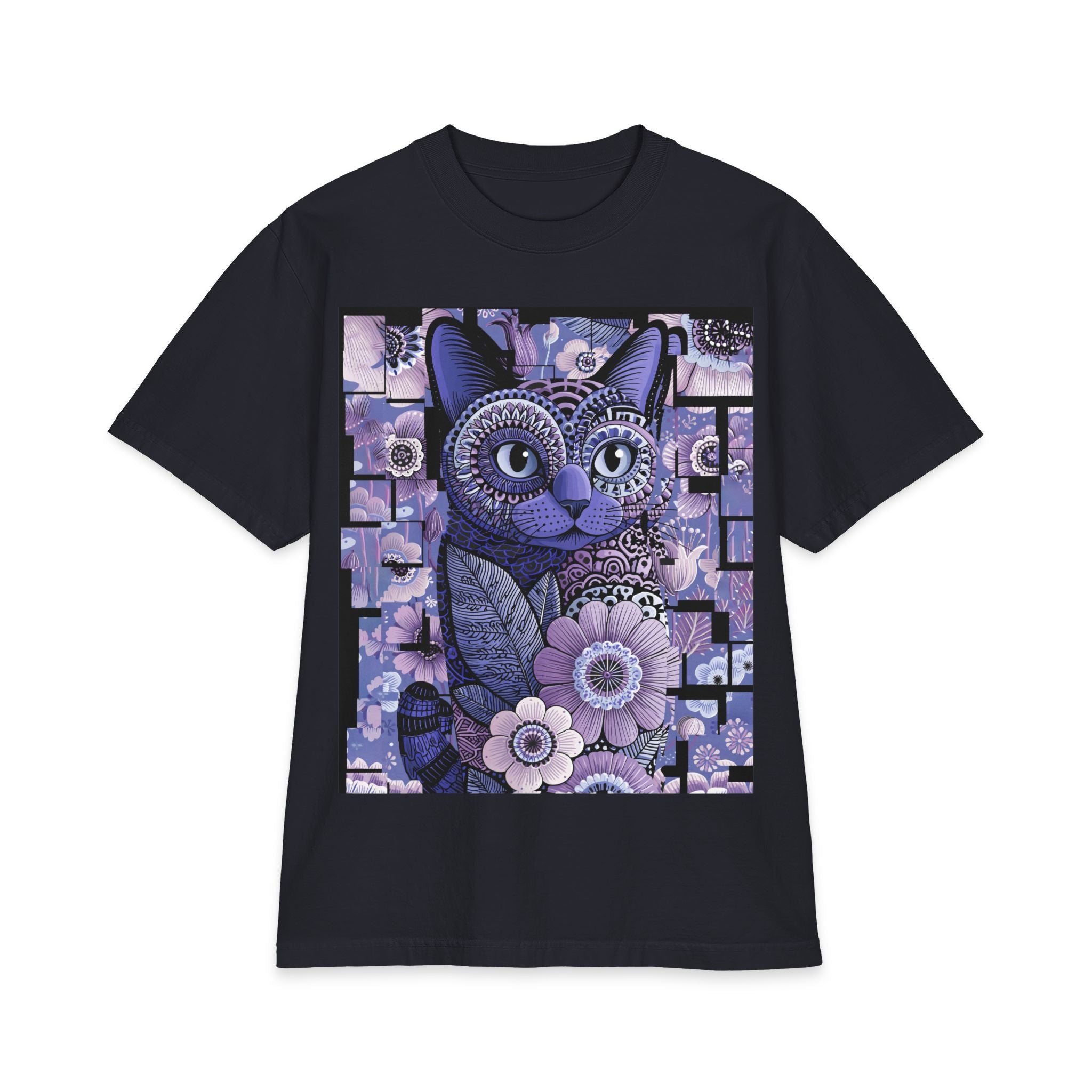 Purple Floral Cat T-Shirt — Whimsical Boho Cat Art Tee