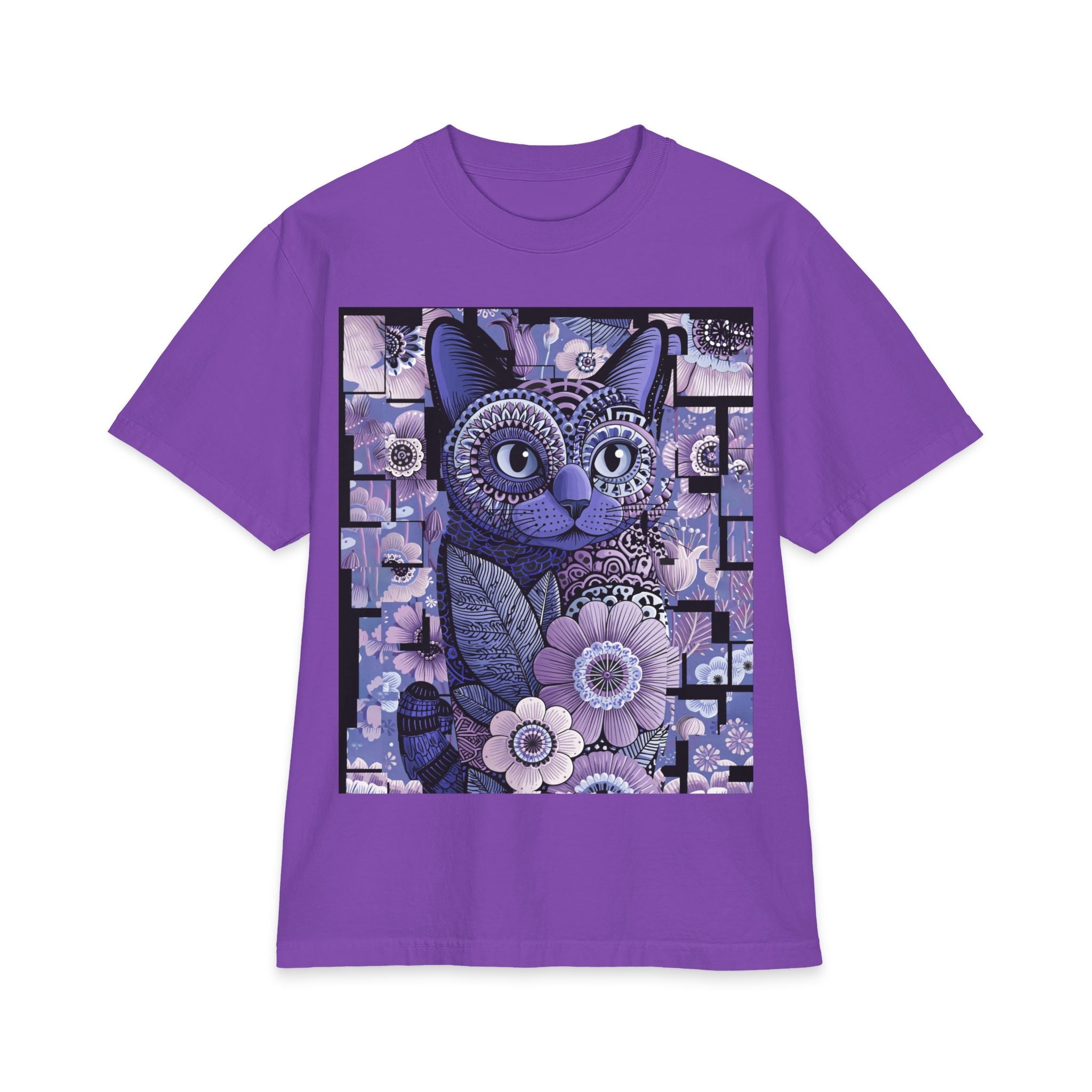 Cat Floral Art T-Shirt — Purple Mosaic Kitty Tee