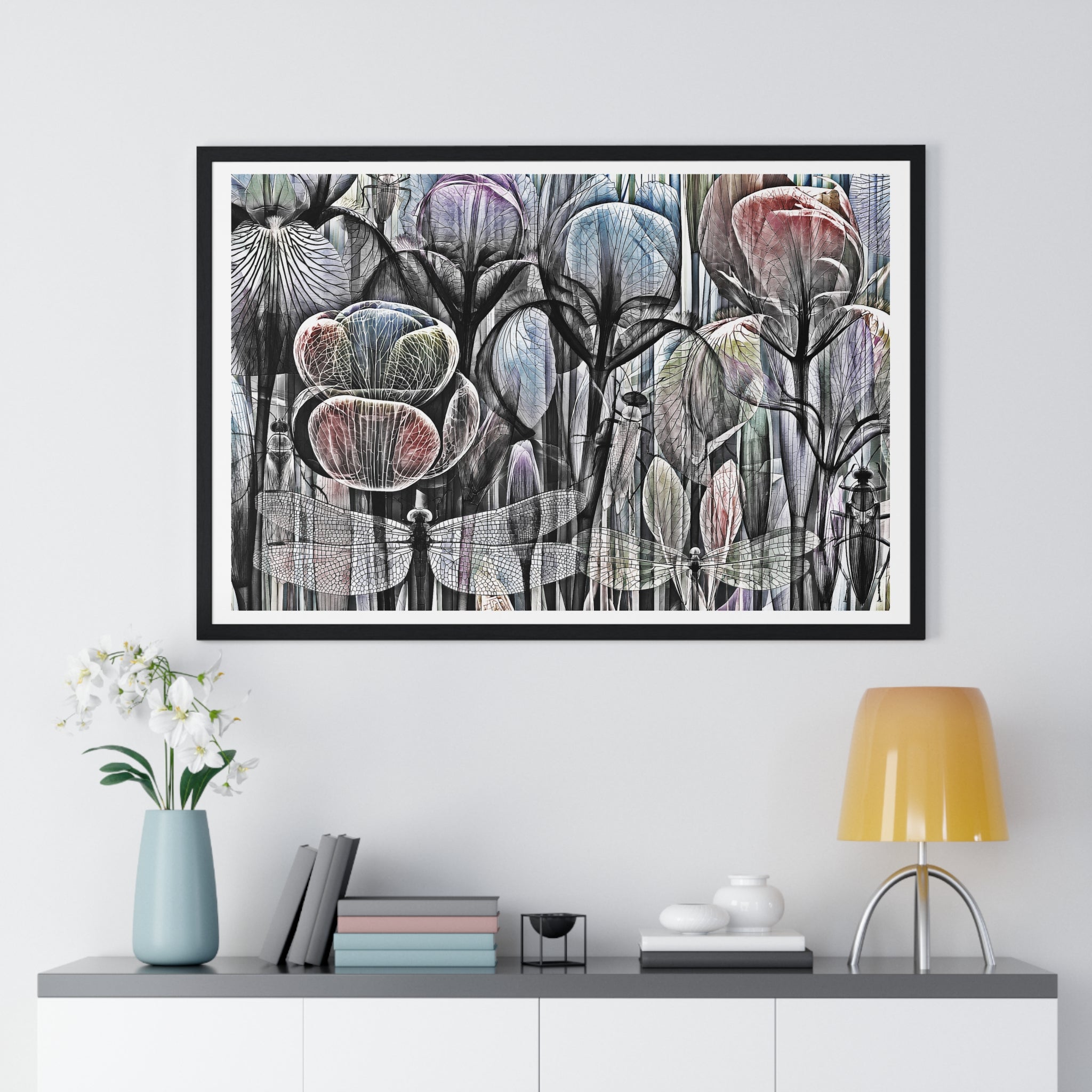 Framed Poster — Dreamy Botanical Dragonfly Art Print