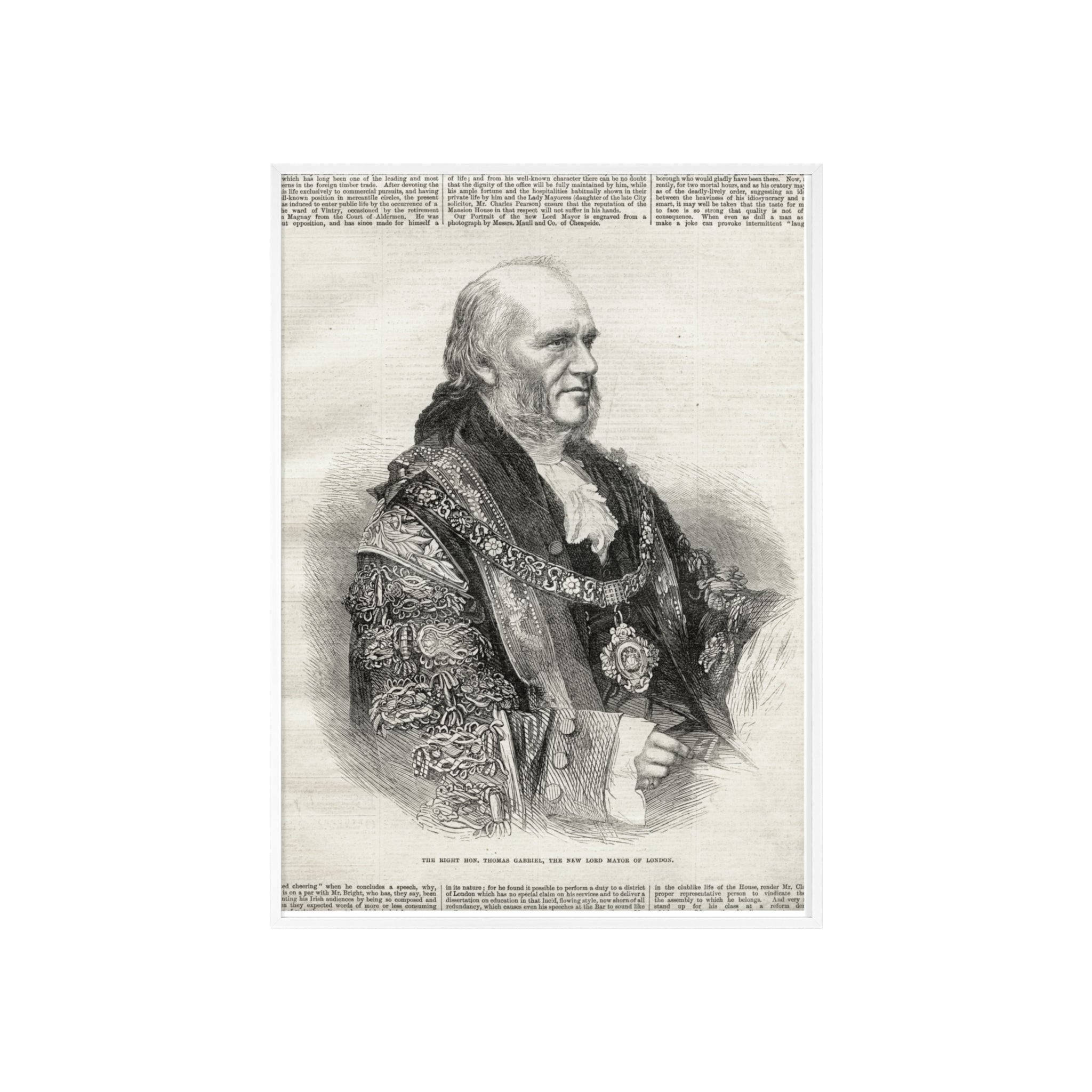 The Right Hon.Thomas Gabriel, the New Lord Mayor of London. Vintage Illustrated Statesman Poster with Black Wooden Frame