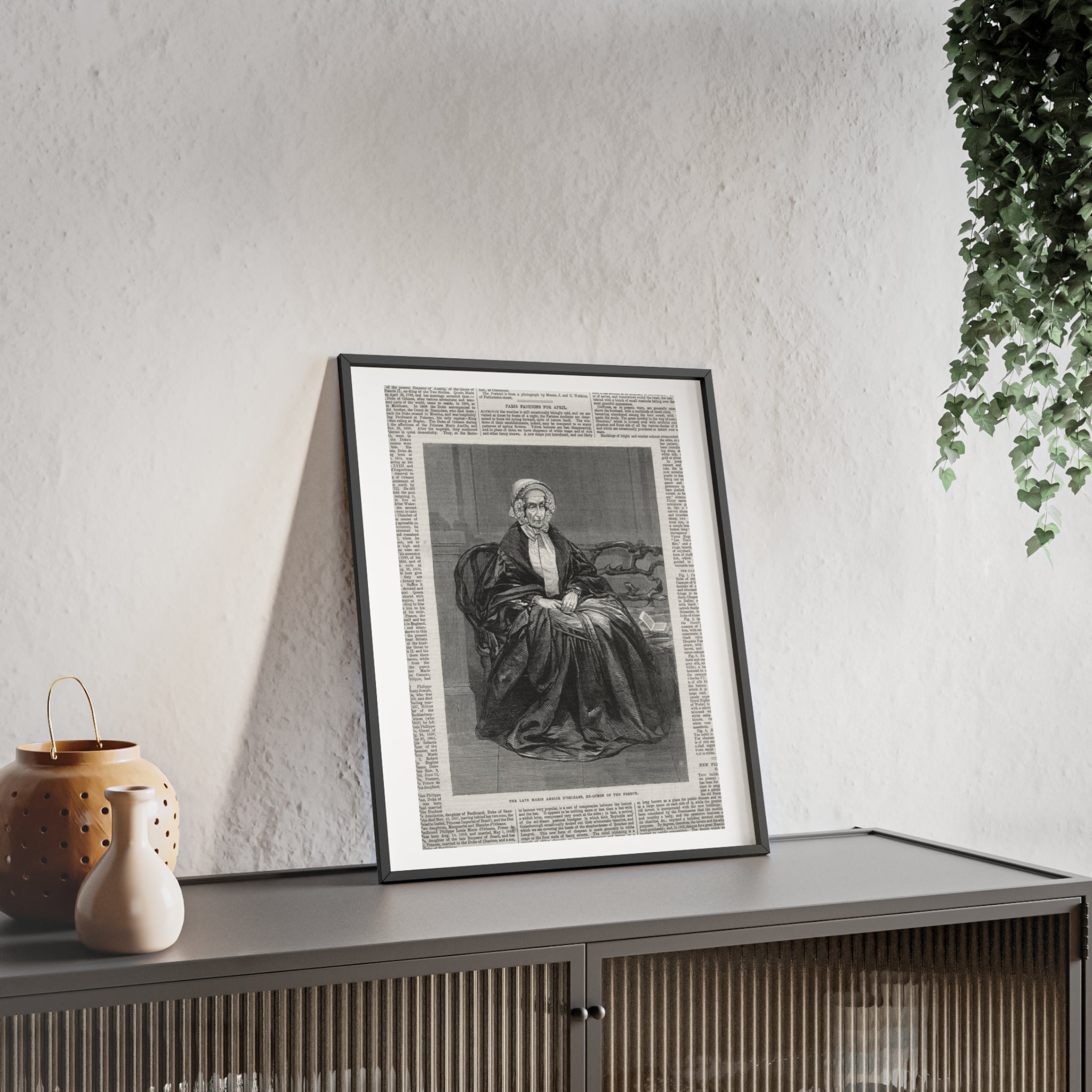 The Late Marie Amelie D'Orleans, Ex-Queen of the French. Vintage Portrait Newspaper Art Poster with Black Wooden Frame