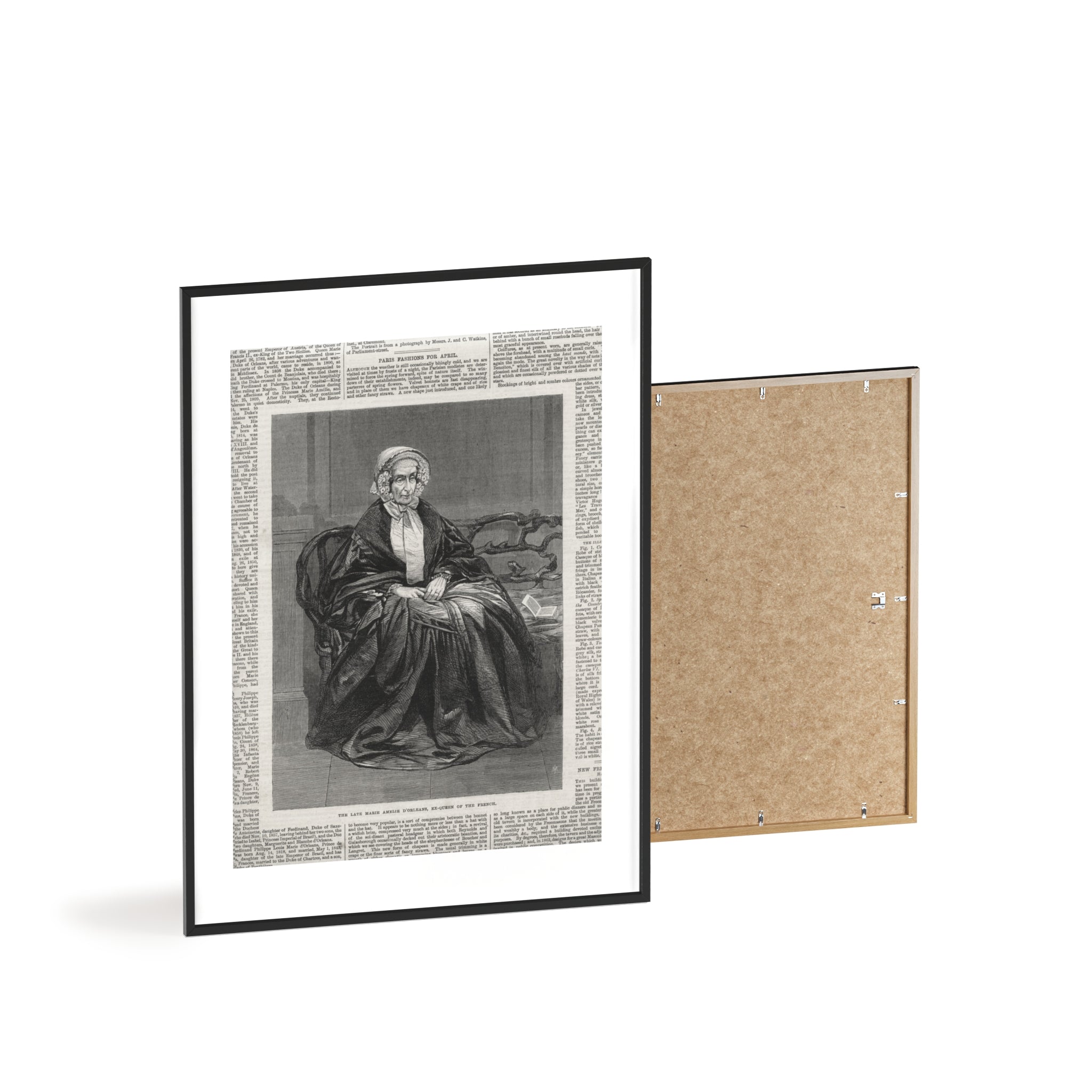 The Late Marie Amelie D'Orleans, Ex-Queen of the French. Vintage Portrait Newspaper Art Poster with Black Wooden Frame