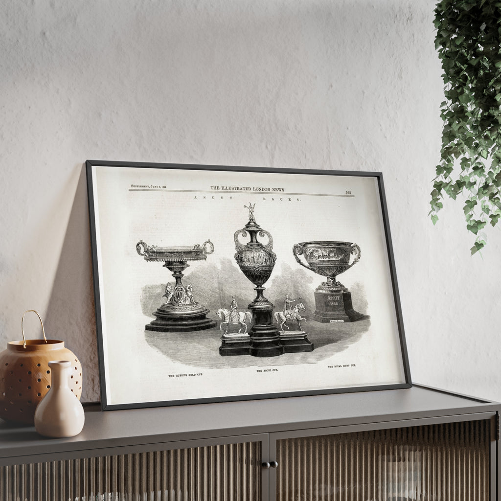 The ASCOT Races. Vintage Trophy Engraving Poster with Wooden Frame