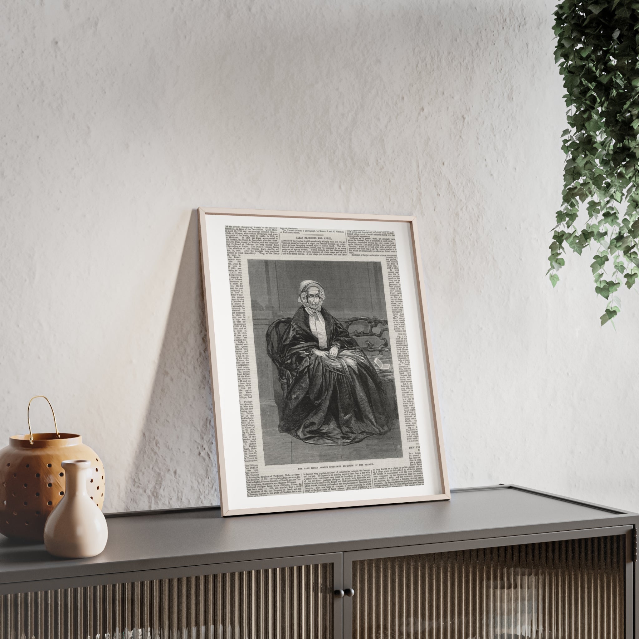 The Late Marie Amelie D'Orleans, Ex-Queen of the French. Vintage Portrait Newspaper Art Poster with Black Wooden Frame
