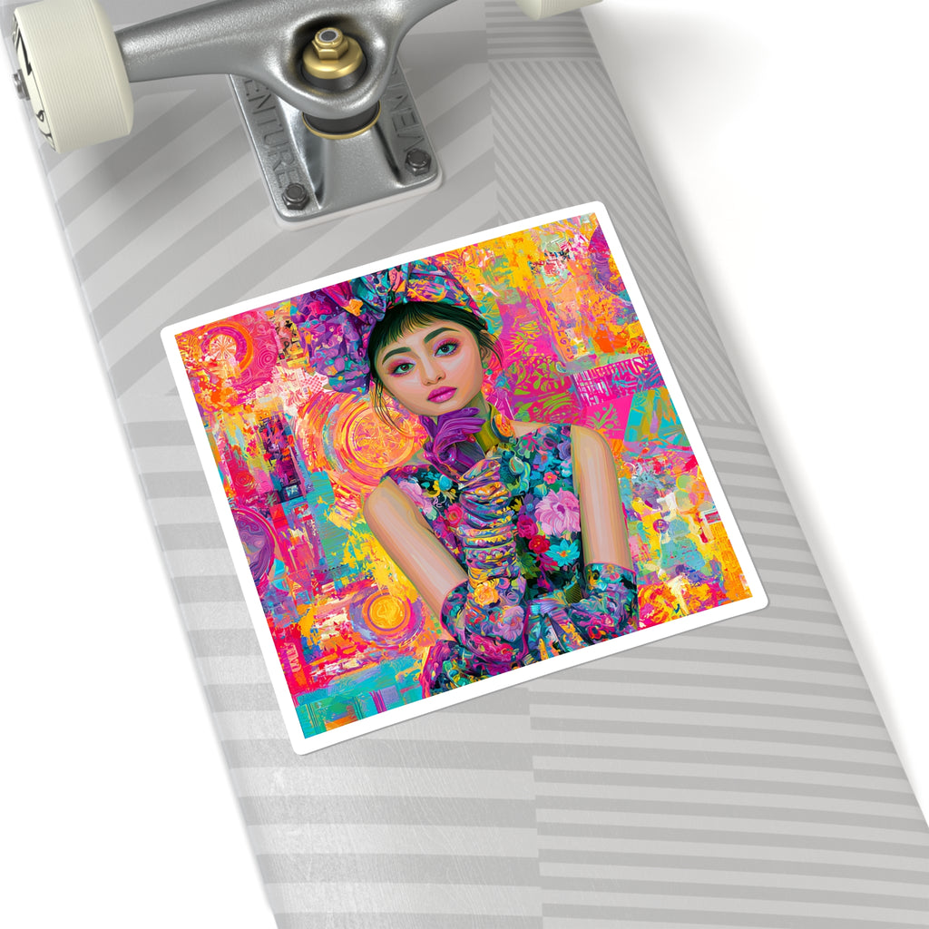 Colorful Floral Portrait Square Sticker — Vibrant Pop-Art Fashion Decal