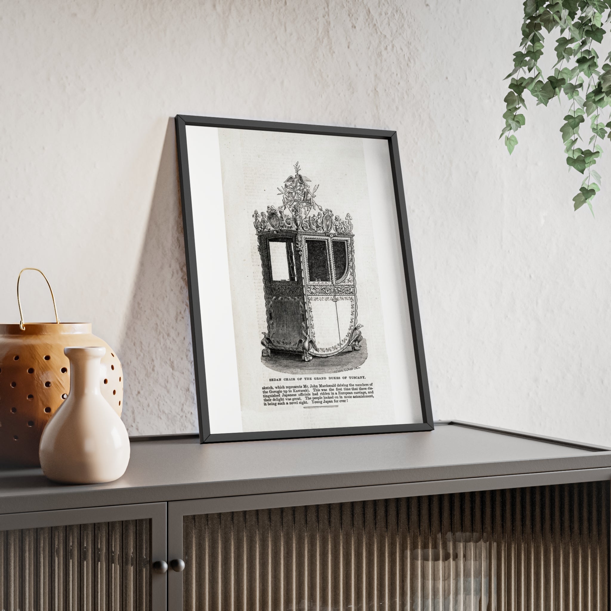 Chair of the GRAND DUKES of TUSCANY. Antique Carriage Print Poster with Wooden Frame — Vintage Engraving Wall Art