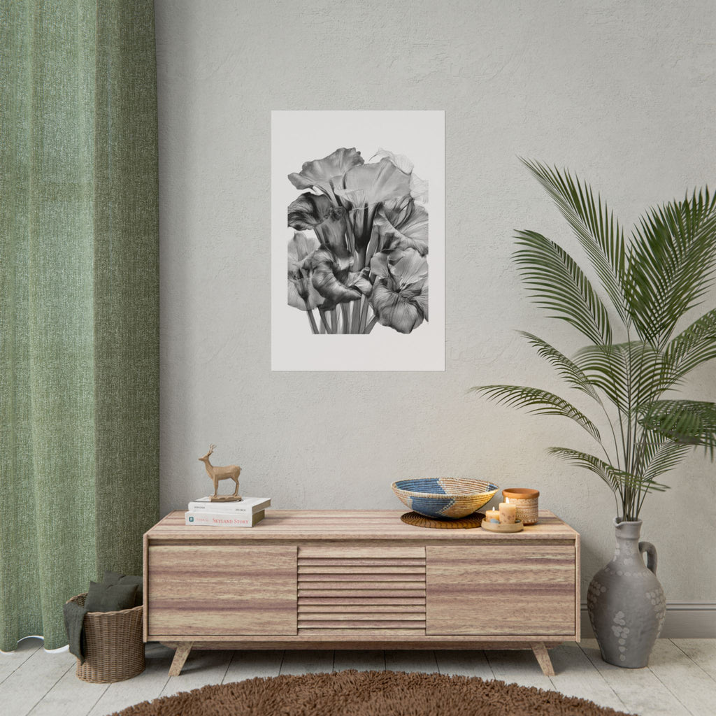 Black & White Iris Botanical Poster — Monochrome Floral Wall Art (Rolled Poster)