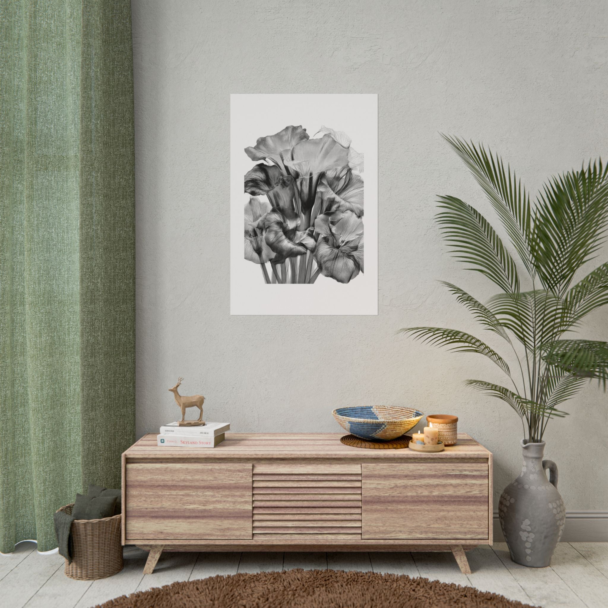 Black & White Iris Botanical Poster — Monochrome Floral Wall Art (Rolled Poster)