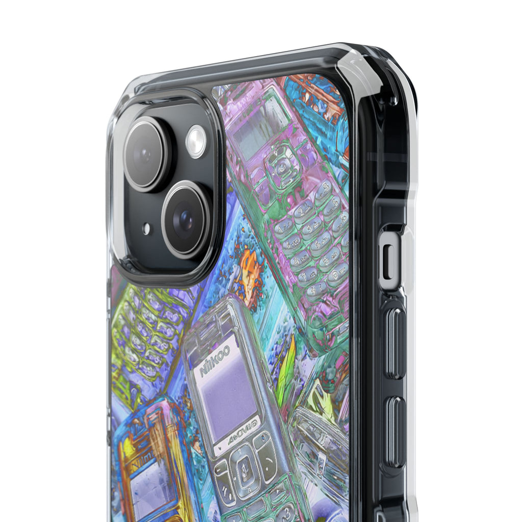 Holographic Retro Phone Case — Clear Magnetic Impact Case with Vintage Cellphone Collage
