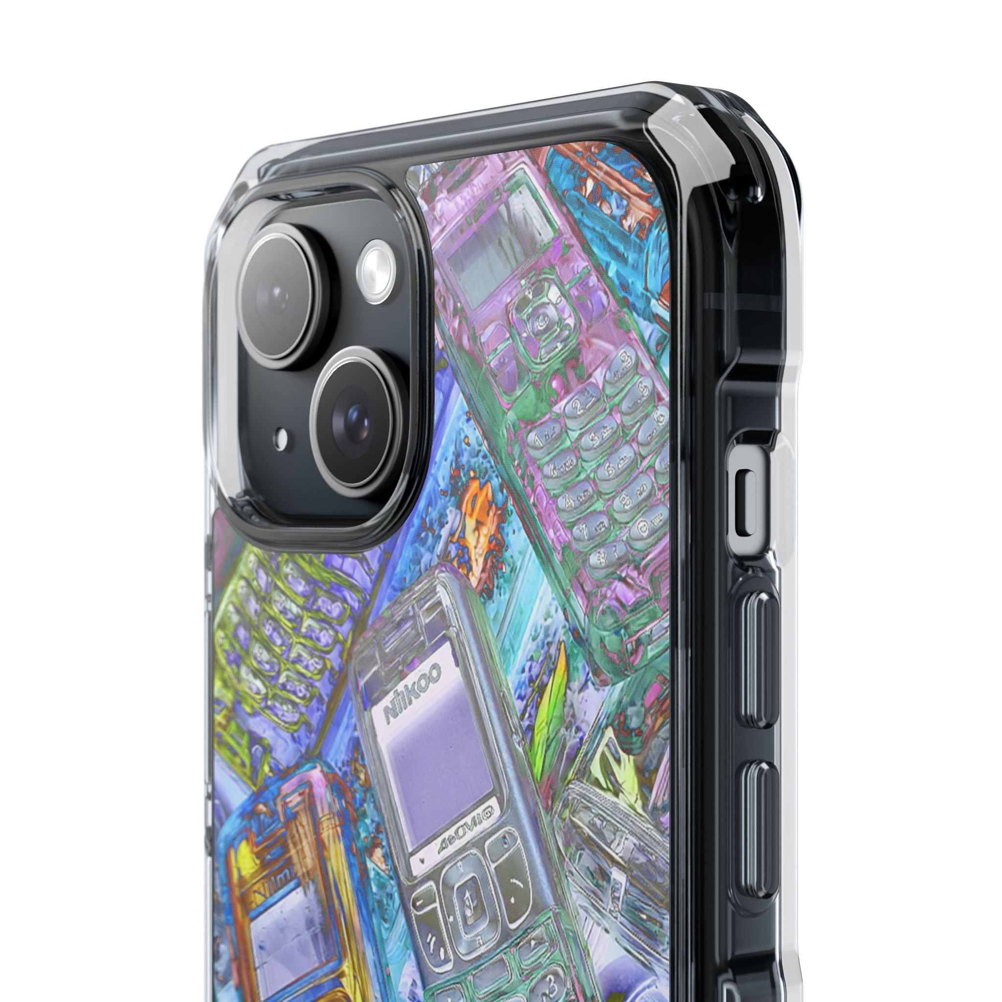 Holographic Retro Phone Case — Clear Magnetic Impact Case with Vintage Cellphone Collage