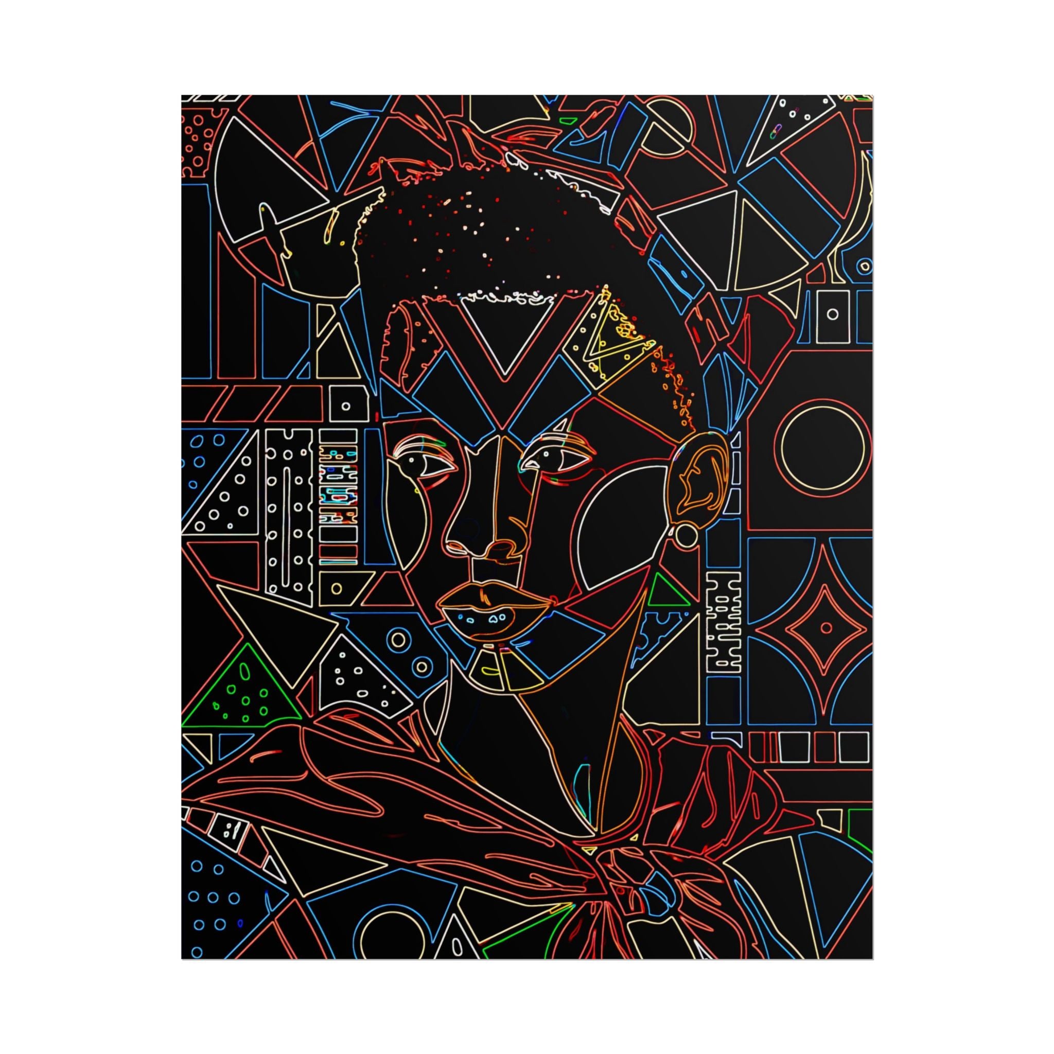 Neon Line Art Portrait Poster — Afro Futurism Geometric Wall Art (Rolled)
