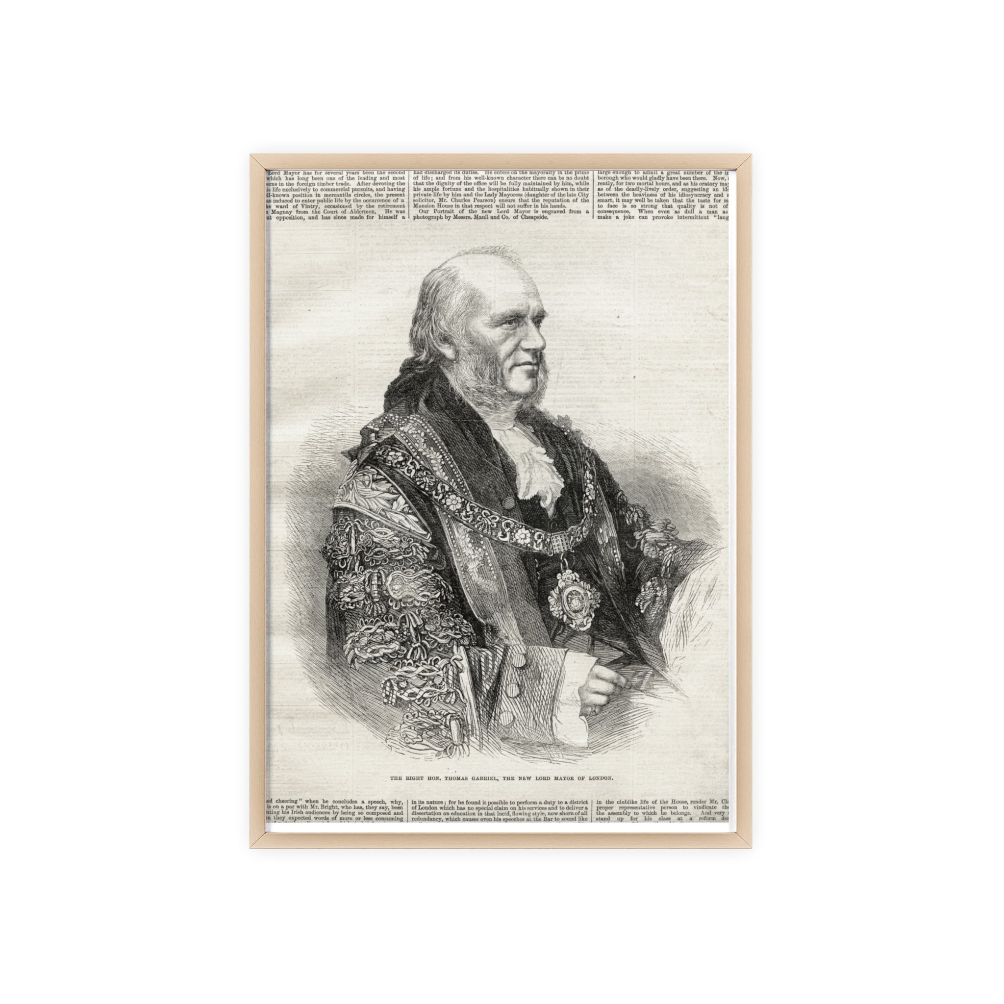 The Right Hon.Thomas Gabriel, the New Lord Mayor of London. Vintage Illustrated Statesman Poster with Black Wooden Frame