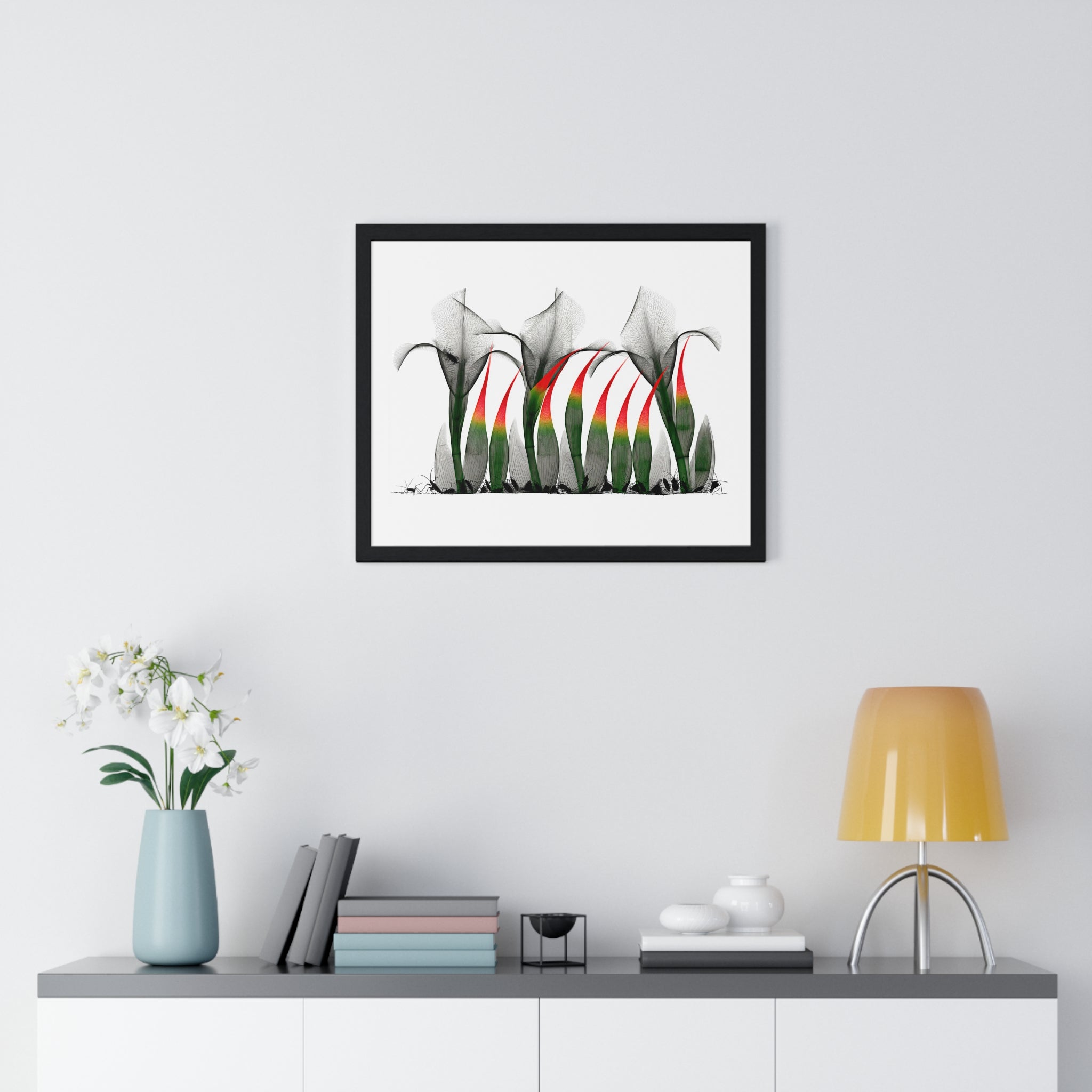 Framed Poster - Abstract Botanical Calla Lily Art with Red & Green Accents