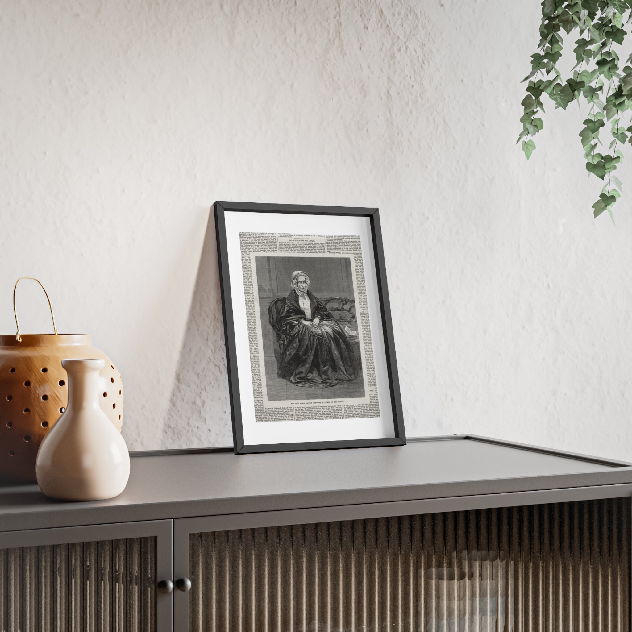 The Late Marie Amelie D'Orleans, Ex-Queen of the French. Vintage Portrait Newspaper Art Poster with Black Wooden Frame