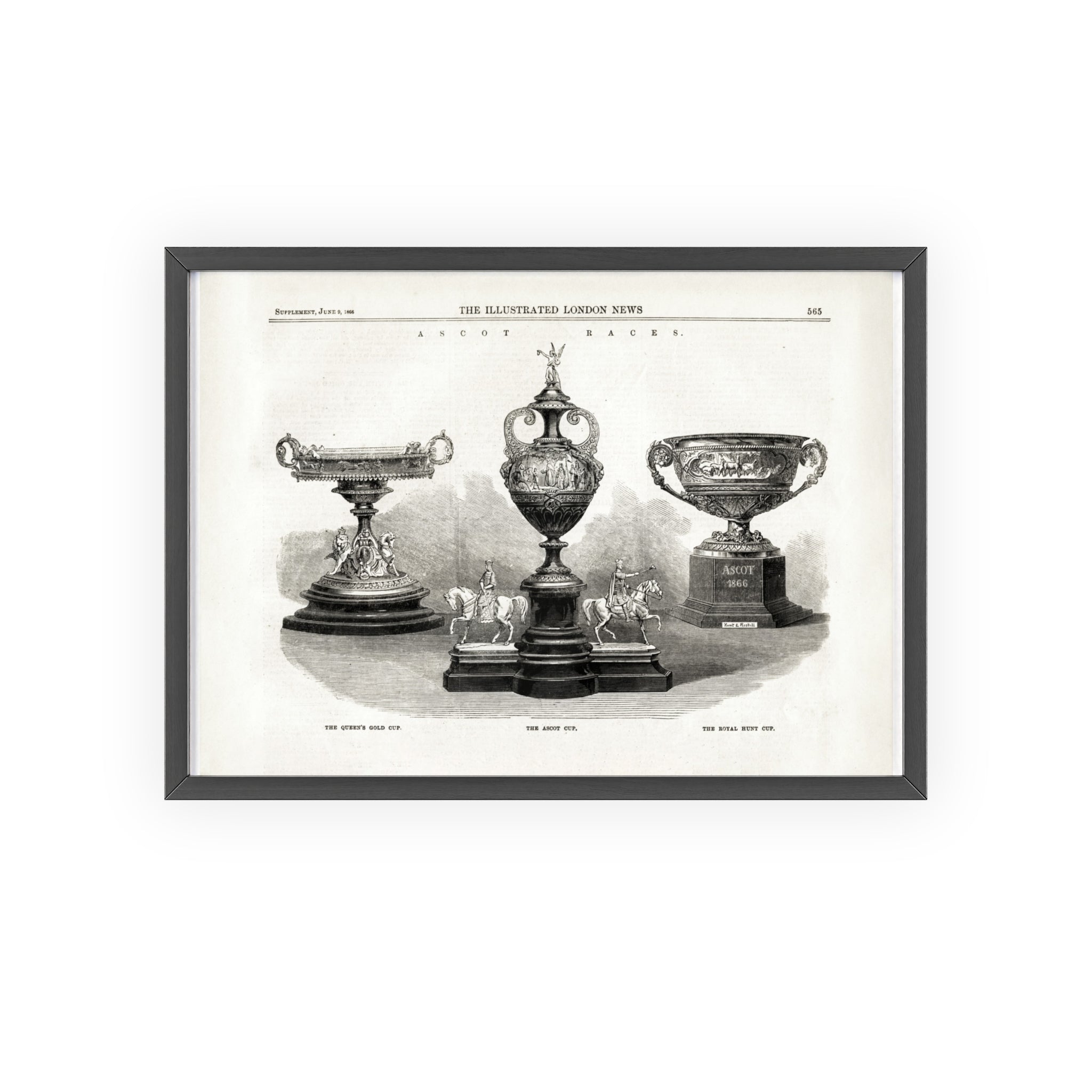 The ASCOT Races. Vintage Trophy Engraving Poster with Wooden Frame
