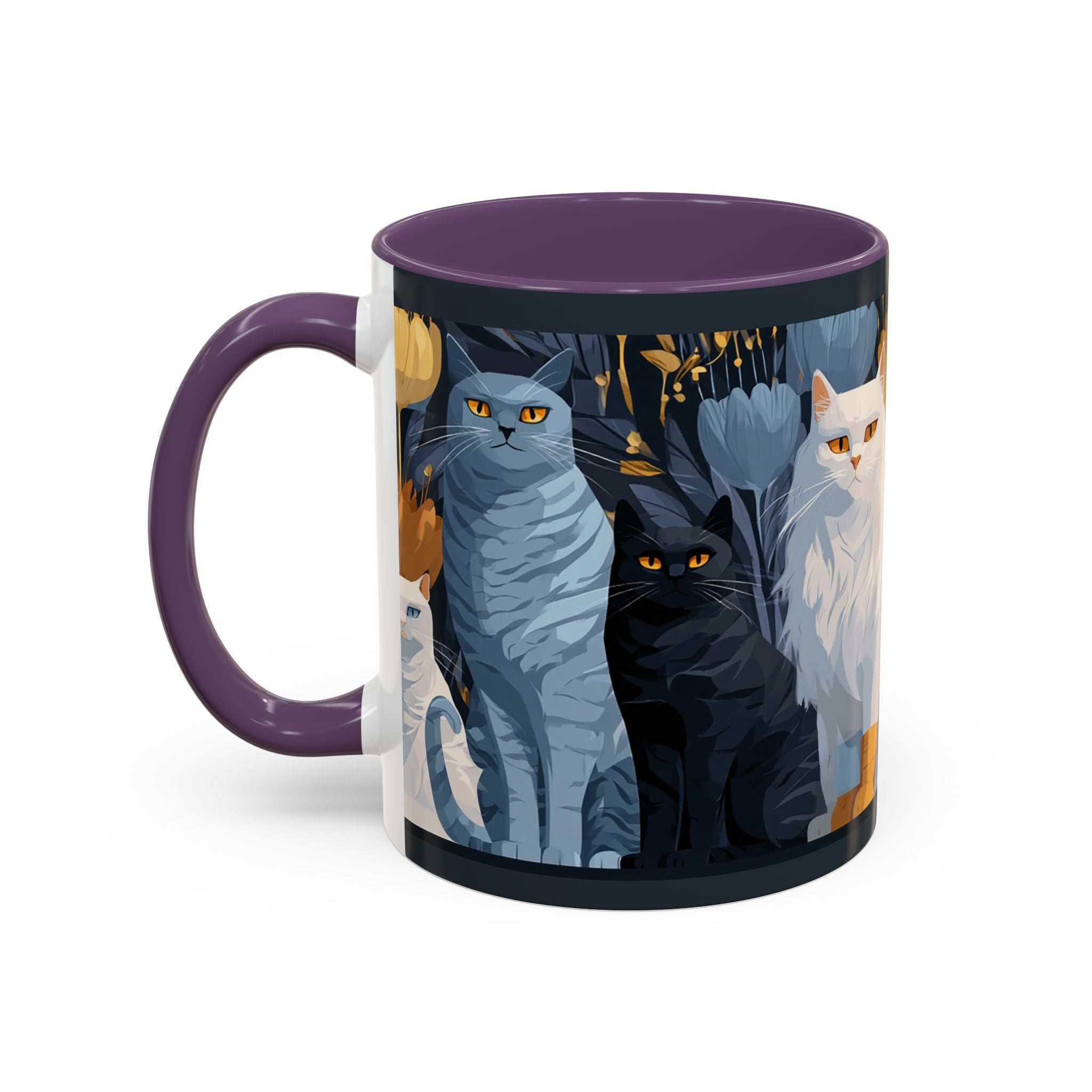 Cat Pattern Accent Coffee Mug — Illustrated Cats Floral Night Design (11/15oz)