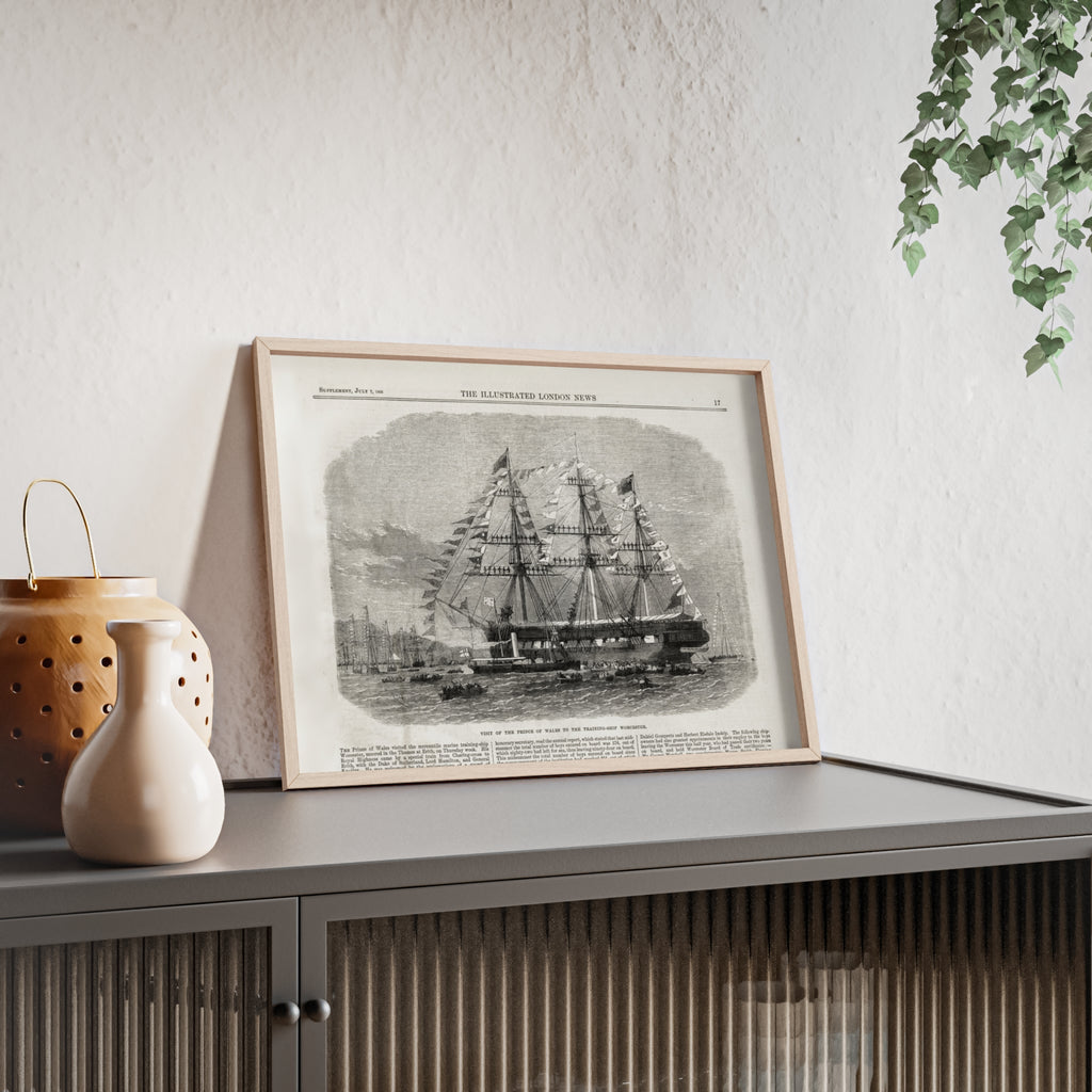 Visit of the Prince of Wales to the Training-Ship Worcester. Framed Vintage Sailing Ship Poster — Nautical Wall Art with Wooden Frame