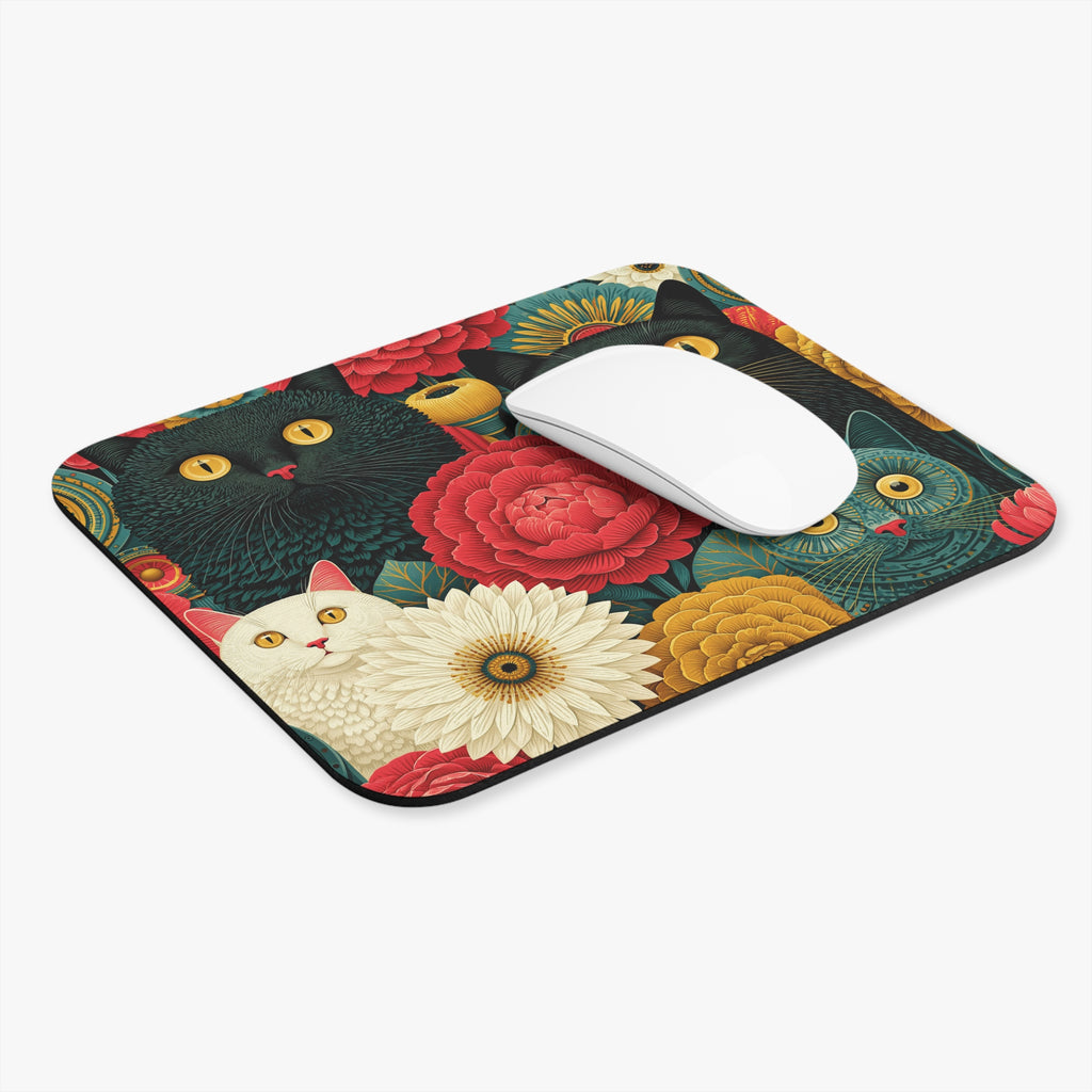 Floral Cats Rectangle Mouse Pad — Retro Colorful Kitty Desk Mat