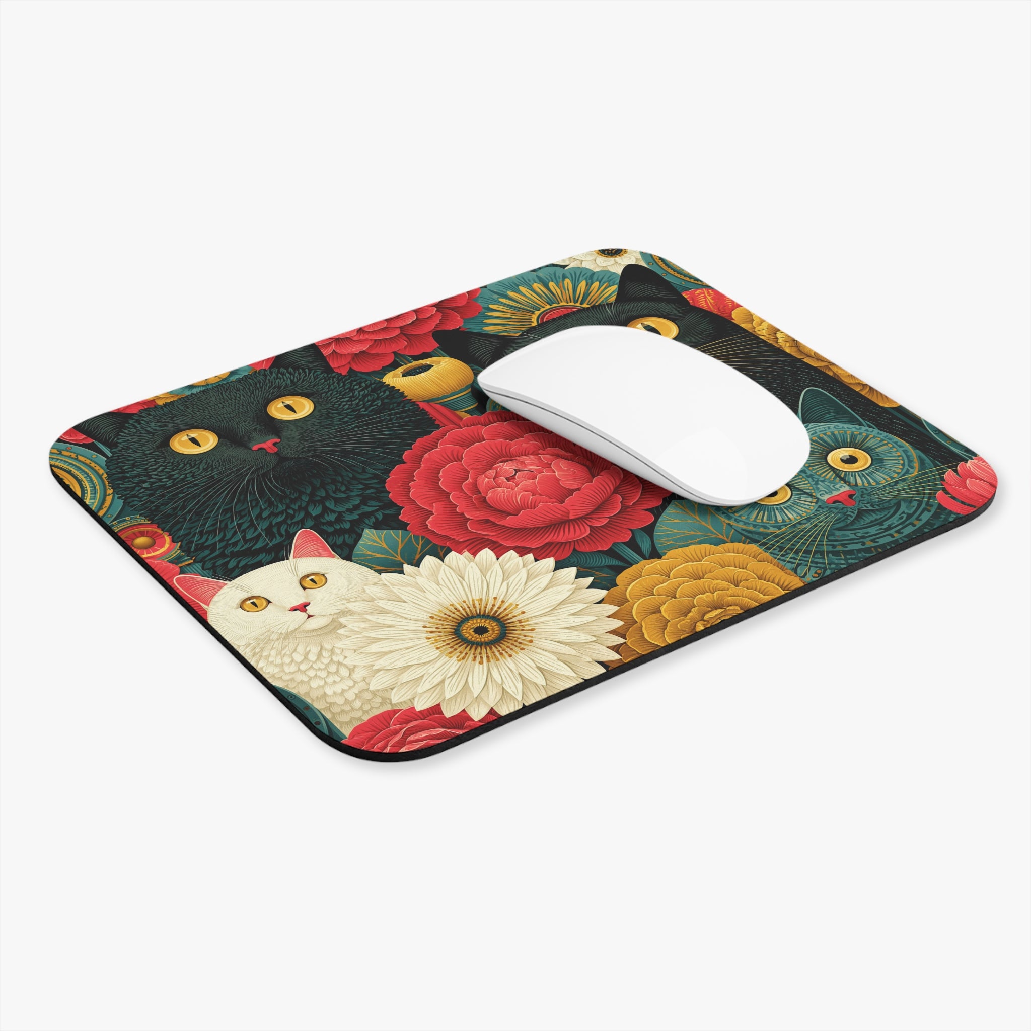 Floral Cats Rectangle Mouse Pad — Retro Colorful Kitty Desk Mat