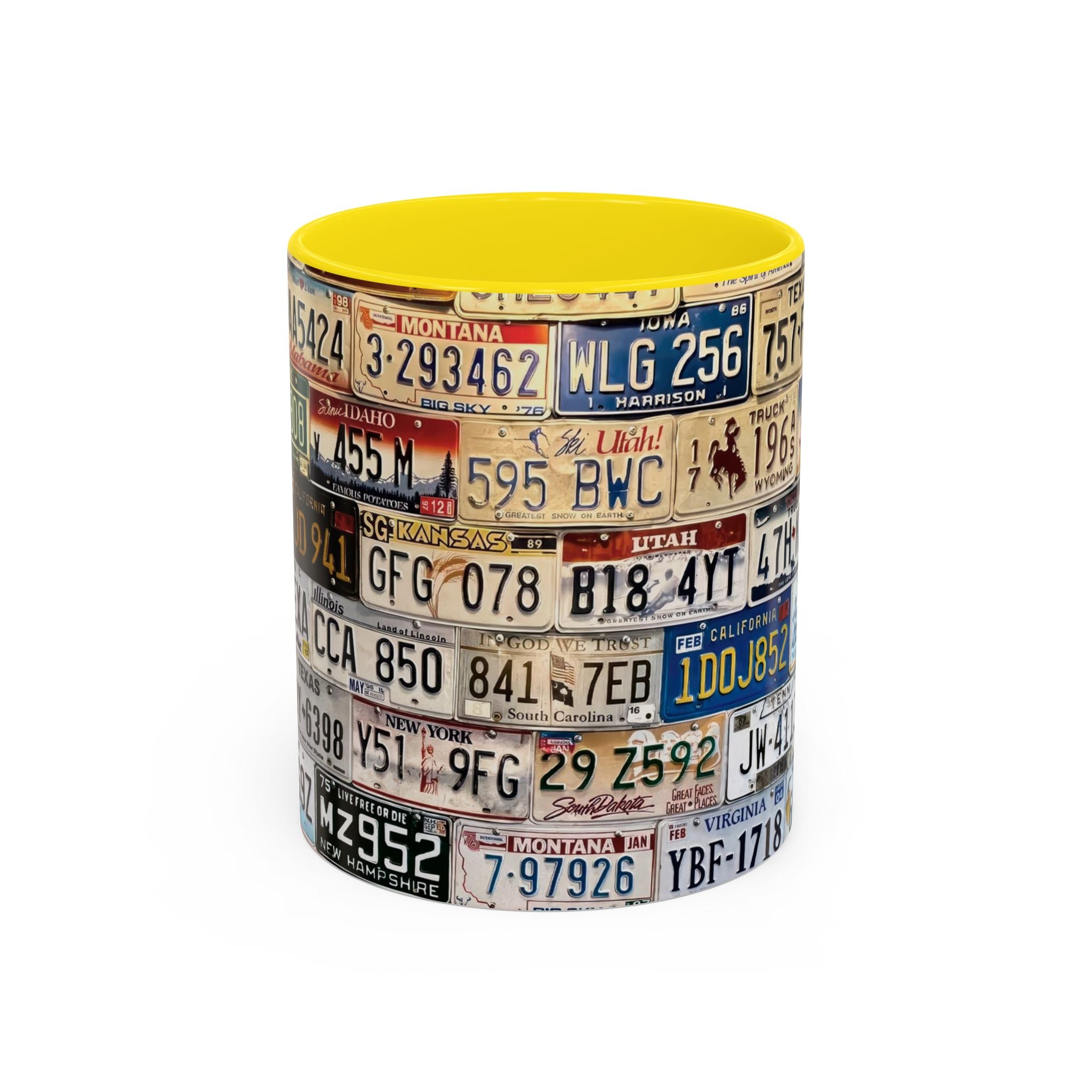 License Plate Collage Coffee Mug — Route 66, Vintage Road Trip Accent Mug