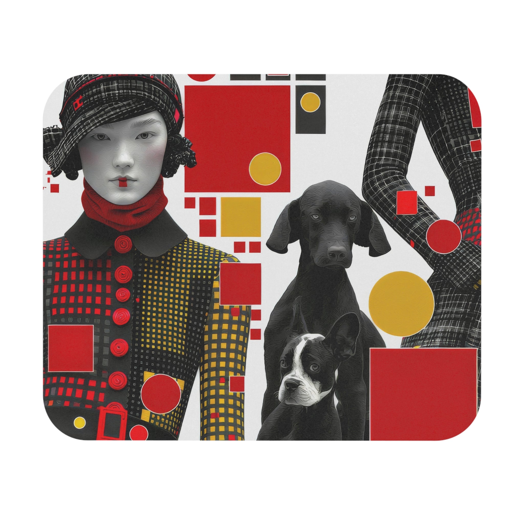 Retro Chic Mouse Pad — Mod Geometric Art with Fashion Doll & Dogs