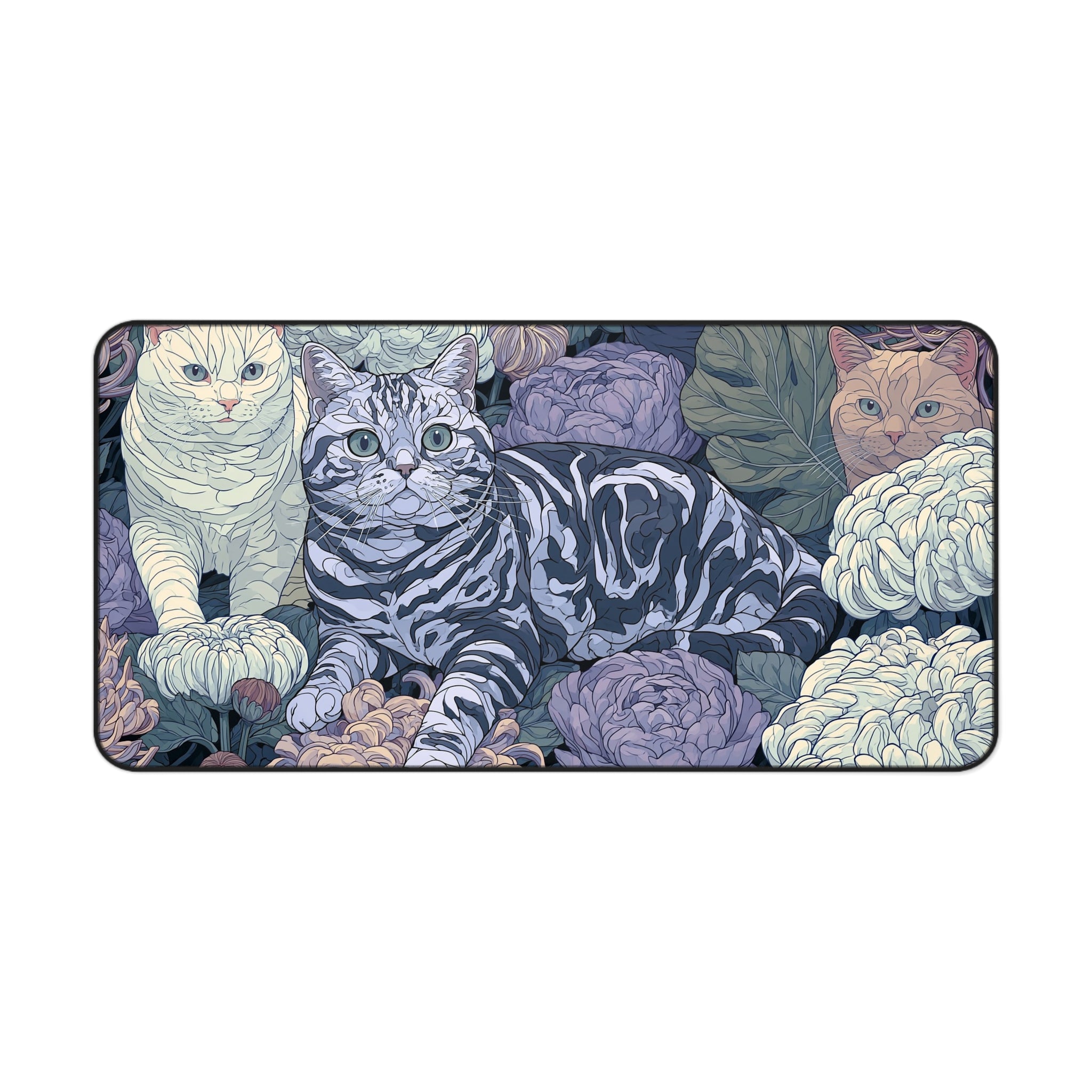 Floral Cats Desk Mat — Vintage Botanical Cat Mousepad for Home Office