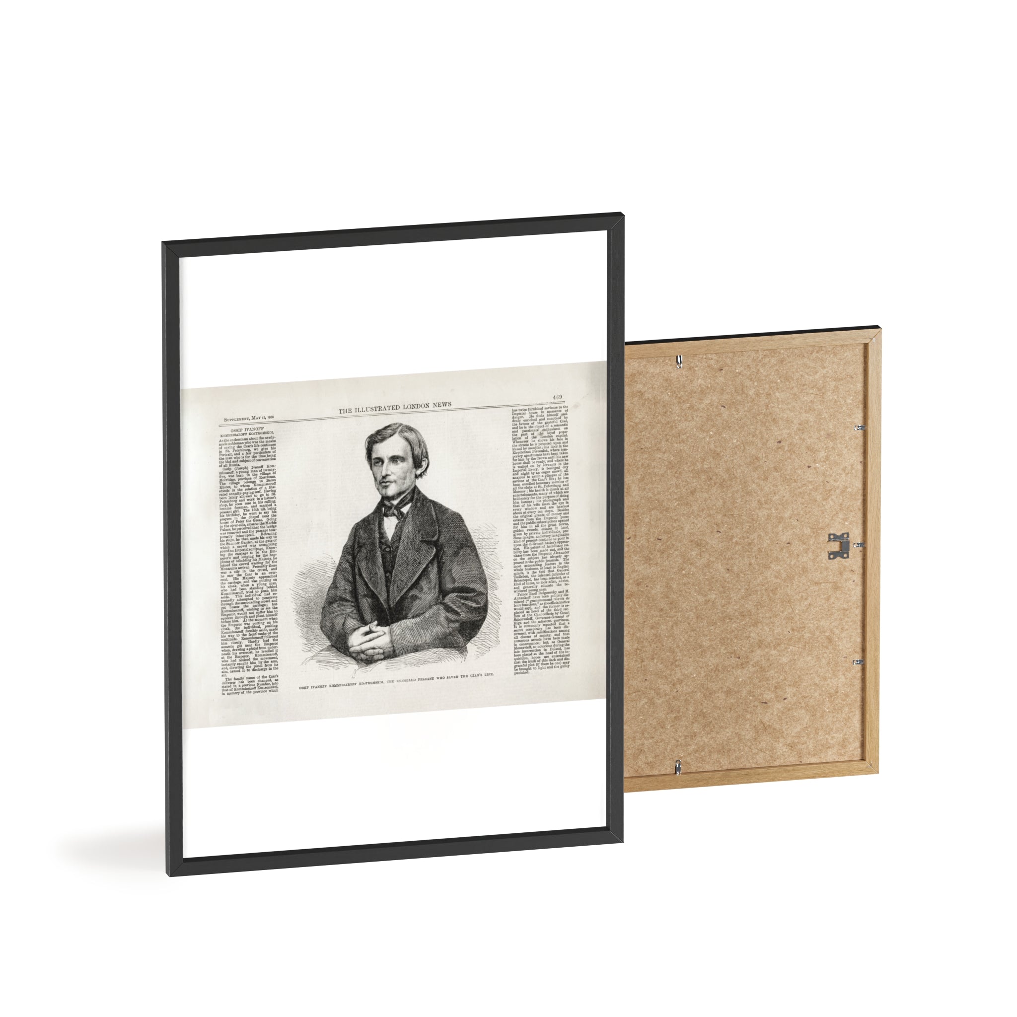 OSSIP IVANOFF, the peasant who saved the CZAR's Life. Vintage Illustrated Portrait Poster with Wooden Frame — Antique Newspaper Art Print