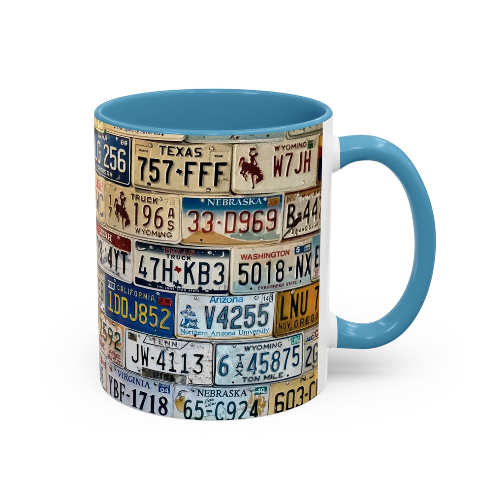License Plate Collage Coffee Mug — Route 66, Vintage Road Trip Accent Mug