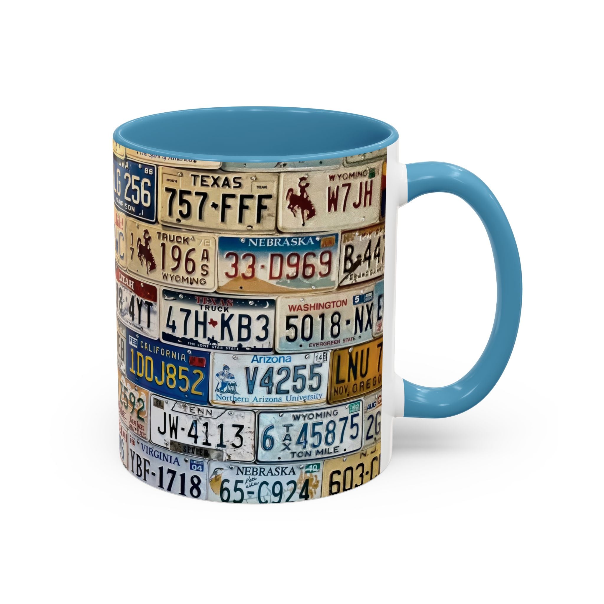 License Plate Collage Coffee Mug — Route 66, Vintage Road Trip Accent Mug