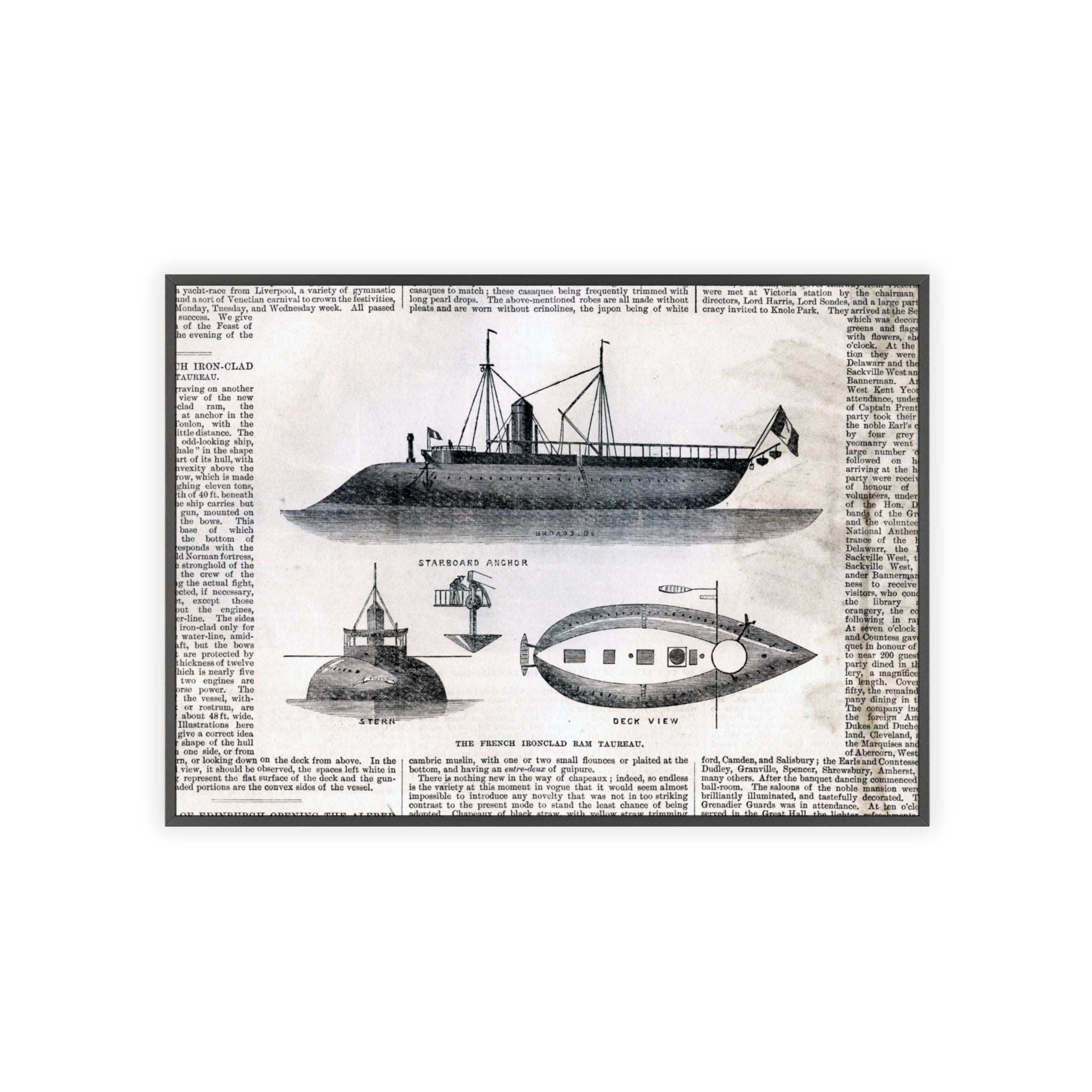 The French Ironclad RAM TAUREAU. Vintage Steamboat Patent Poster — Framed Nautical Wall Art