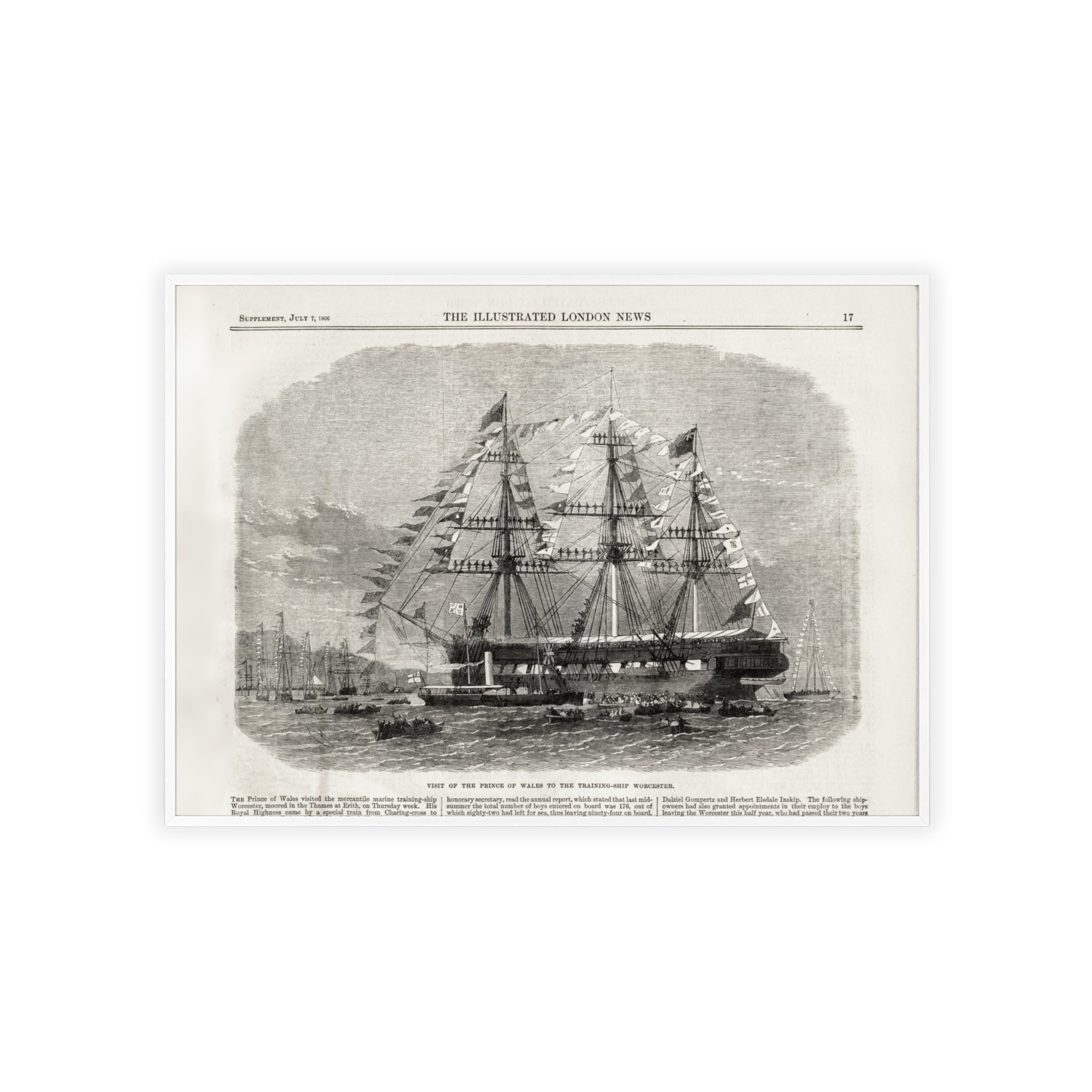 Visit of the Prince of Wales to the Training-Ship Worcester. Framed Vintage Sailing Ship Poster — Nautical Wall Art with Wooden Frame