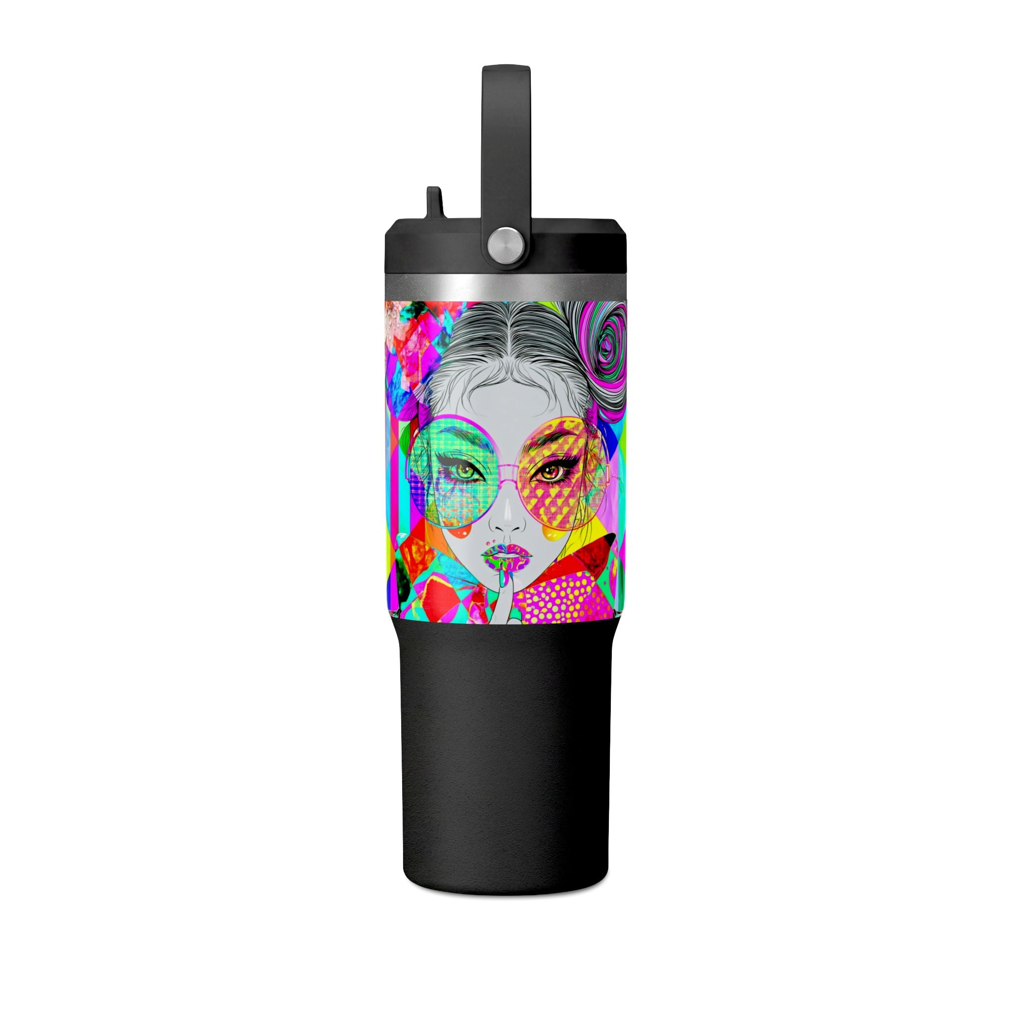 Colorful Pop Art Travel Tumbler – 32oz Nomad Insulated Cup with Retro Sunglasses Design