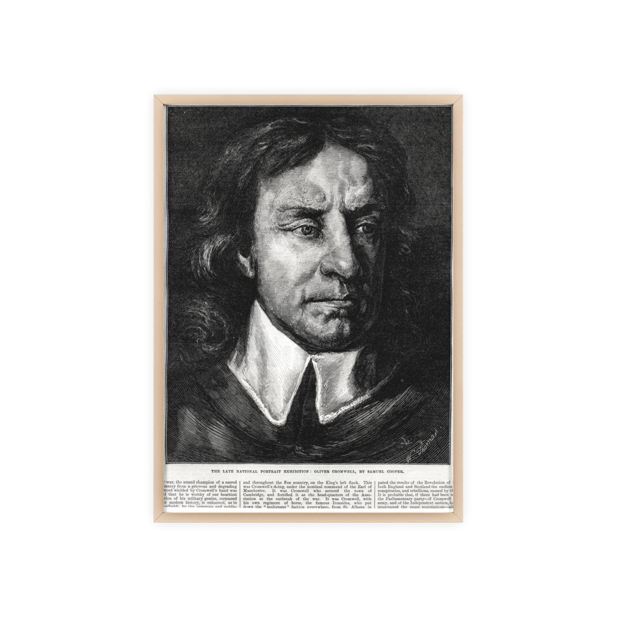 OLIVER CROMWELL. Historical Portrait Poster with Wooden Frame — Vintage Chalk-Style Print