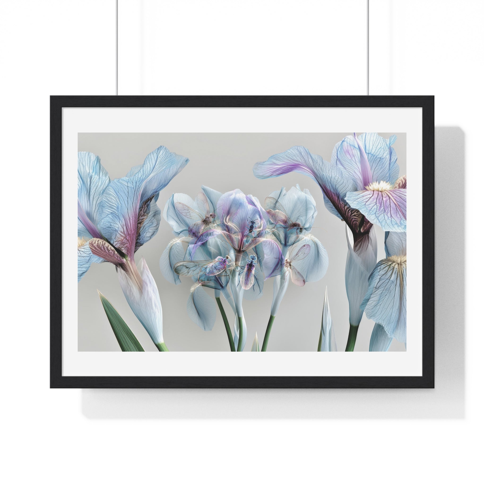 Botanical Iris Framed Poster — Soft Blue Floral Wall Art (Horizontal)