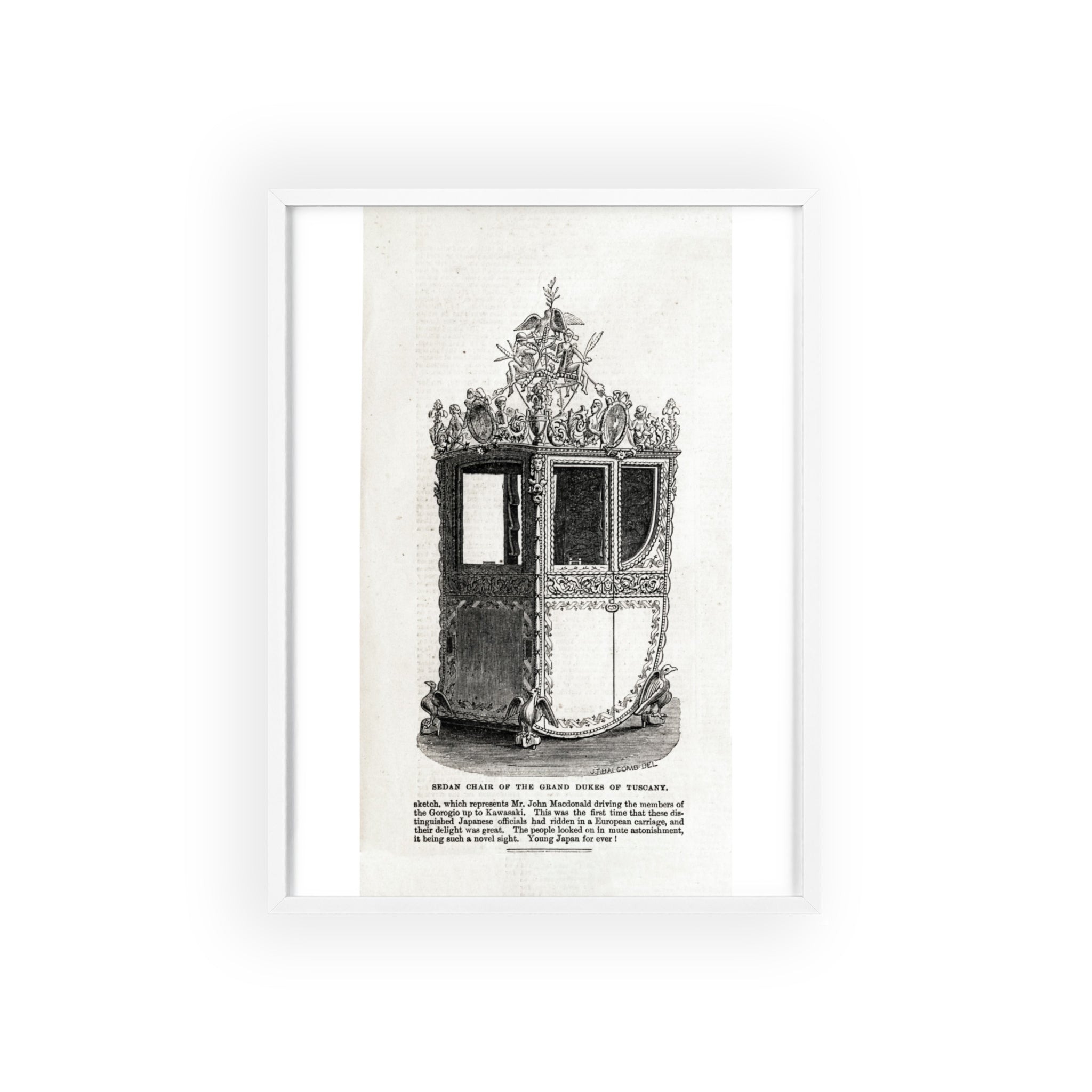 Chair of the GRAND DUKES of TUSCANY. Antique Carriage Print Poster with Wooden Frame — Vintage Engraving Wall Art