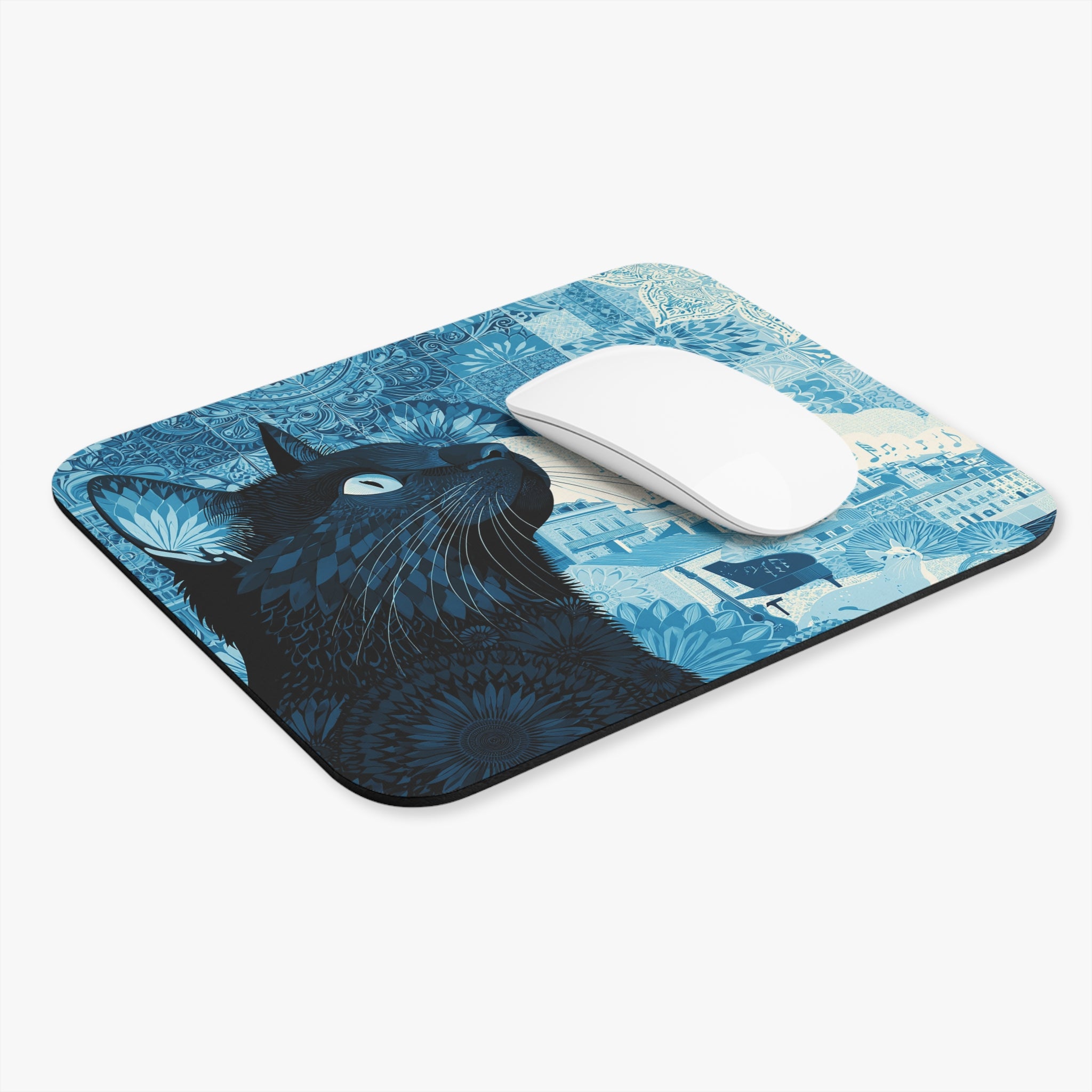 Blue Cat Scenic Rectangle Mouse Pad — Artistic Cityscape & Floral Design