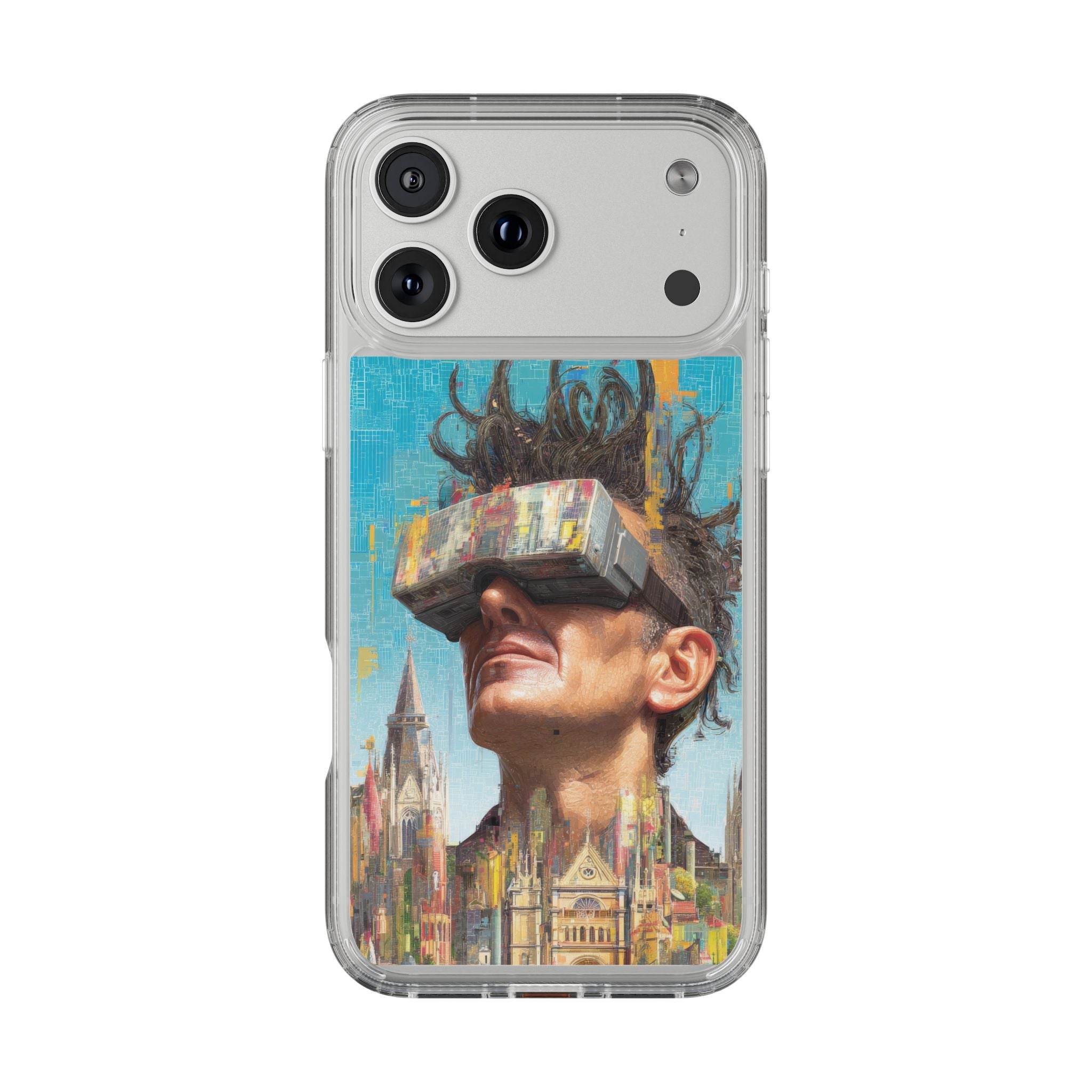 Clear Phone Case — Retro VR Cityscape Illustration